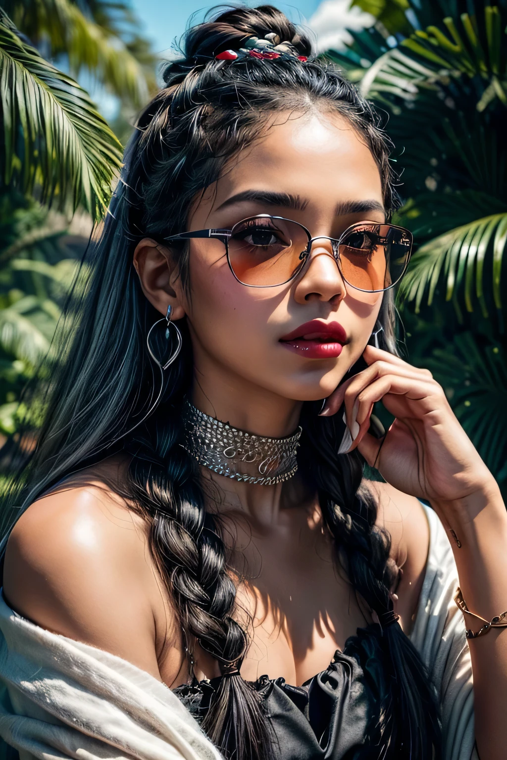 A dark-skinned black woman is the main subject of the portrait. Her hair is styled in elaborate copper braids, brilhando lindamente. Your smooth skin is perfectly highlighted, e ela tem uma verruga na bochecha que adiciona um toque de charme. She has a lust, juicy red lips that stand out. Her makeup gives her a stunning villain look, enhancing your natural beauty. She is dressed in a stylish street outfit, reflecting your unique personality. Seu corpo tem formato de ampulheta, tornando sua figura atraente e voluptuosa. The woman wears black sunglasses that add an element of mystery to her appearance. Ela tem um piercing, which adds an edgy, rebellious vibe. Adicionalmente, ela tem presas de anjo que aparecem quando ela sorri, giving it an intriguing, ethereal quality. Your silver accessories, como colares, pulseiras, and rings, complement your overall look and add a touch of glamor. The portrait takes place in a park setting. Lush vegetation creates a serene and natural setting for women. Lighting is softly diffused, highlighting your features and creating a flattering atmosphere. The color palette is rich and vibrant, com tons quentes que acentuam a pele escura e o clima geral do retrato. Este prompt garante a melhor qualidade, focusing on ultra-detailed and realistic representation. The level of detail of the artwork will be similar to that of a masterpiece, with high resolution (4K, 8k) que captura cada elemento intricado. The portrait will have a photorealistic feel, fazendo parecer que se tratava de uma fotografia que ganhou vida. Geral, This prompt aims to create a powerful and captivating portrait of a Black woman with a unique style and attractive features.