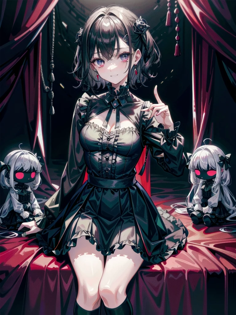 whole body, (inside basement), skirt, shirt, long sleeves, frills, evil grin, creepy, (candles), hair ornament, (dolls), tapestry, horror theme, absurdres, RAW photo, extremely delicate and beautiful, masterpiece, Best Quality, ultra high resolution, 32k, hyperrealistic, ultra-detailed, detailed description, pale skin, 20 years old, tearful mole, earring, Colossal tits, short medium hair, wavy hair,