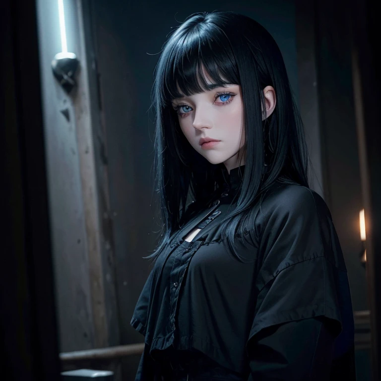 young woman with pale porcelain skin. her eyes are dark blue like outer space. she has black hair with bangs, layered and a bit wavy. she has a haircut which the back is much longer than the front. she is a bit gothic and has an angry expression. she is in a dark area where her eyes glow blue