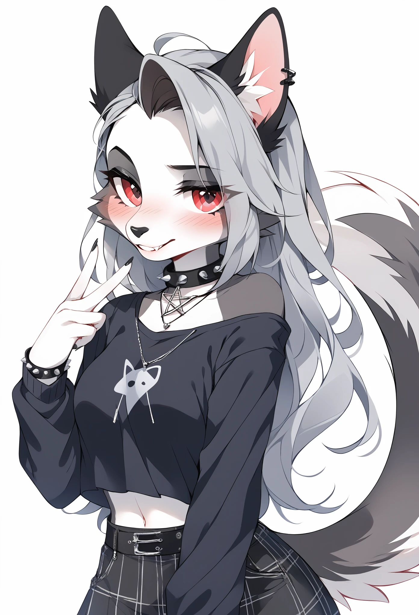 score_9, score_8_up, score_7_up, source_furry, rating_safe, by magnaluna, loona posing seductively in a goth bedroom, anthro, blushing, V,