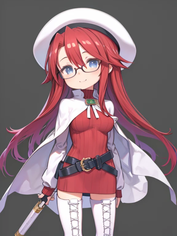 masterpiece、highest quality、High resolution、Very detailed、((Flat Color))、whole body、Chibi Character、Girl、cute、Nendoroid、Smiling、(aty, long hair, blue eyes, red hair, Hair between the eyes、)、thighhighs, hat, dress, boots, glasses, belt, cape, sweater, zettai ryouiki, beret, thigh boots, white footwear, ribbed sweater, loose belt,