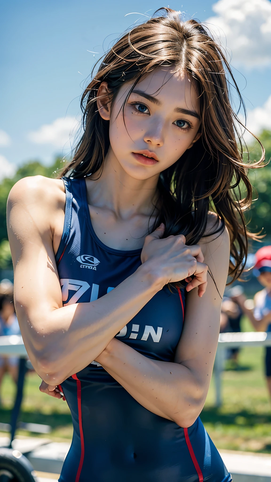 highest quality, masterpiece, Ultra-high resolution, (Realistic:1.4),Cloudy weather, (Goal Scene Portrait) ,((Hold the finish tape with both hands and reach the finish line))),((Triathlon competitions)),RAW Photos, 1 girl,20-year-old,((Yokohama Triathlon)),((Moment of the goal)),((A serious face)),((Triathlon Championships)),Bun Hair,((exhausted look)),((Straight long hair))