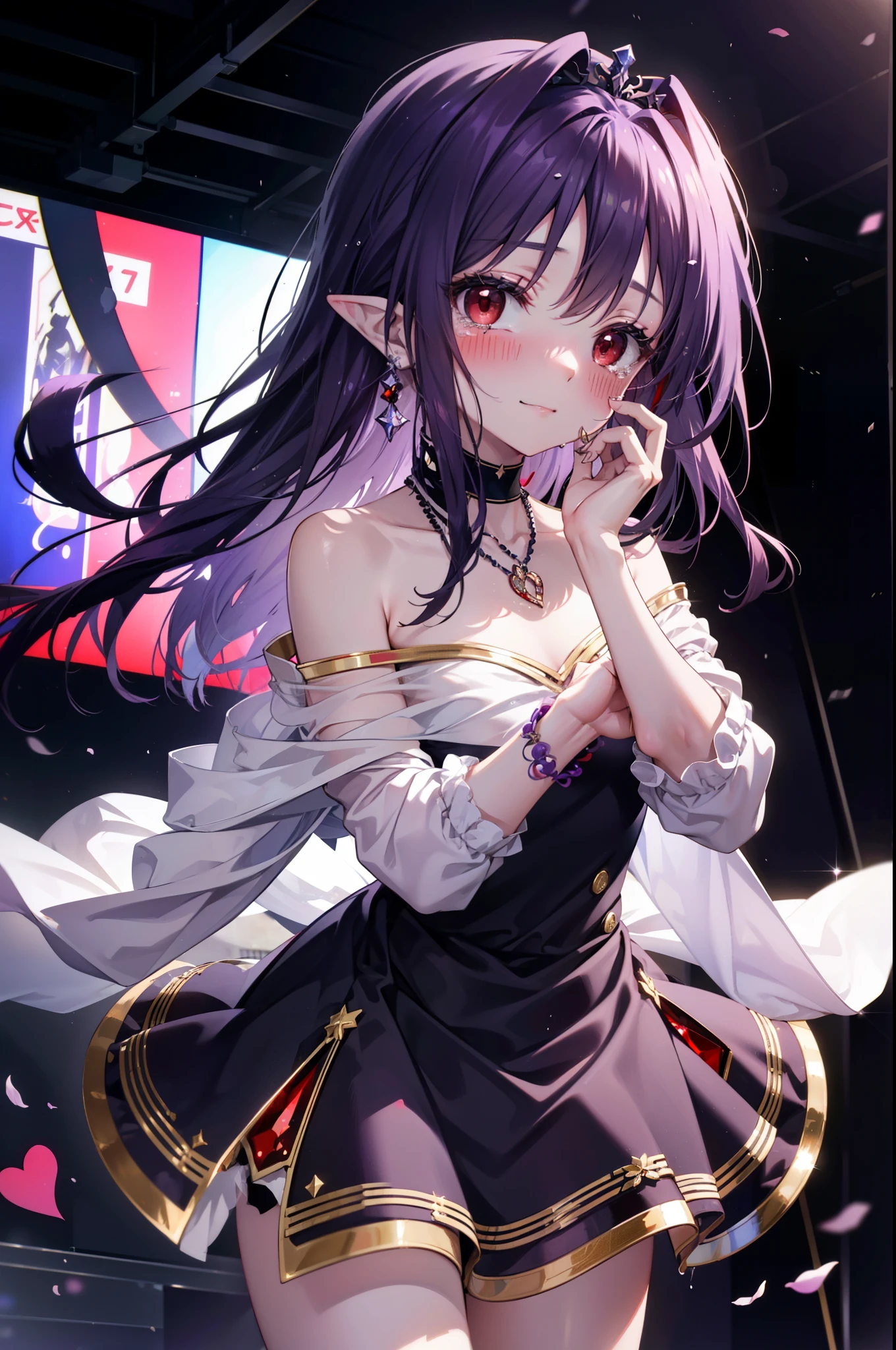 yuukikonno, Yuki Konno,Long Hair, tiara,Pointy Ears, Purple Hair, (Red eyes:1.5), (Small breasts:1.2), smile,Purple Dress,Purple long skirt,purple stiletto heels,No sleeve,Expose your shoulders,Bare arms,Bare neck,bare clavicle,She has a big bouquet of flowers in both hands..,There is a big cake on the table,Heart Necklace,Tears stream down her face,Tears of joy,I cry a lot,Looking up from below,
break indoors, venue,on stage,
break looking at viewer, Upper Body, (Cowboy Shot:1.5),
break (masterpiece:1.2), highest quality, High resolution, unity 8k wallpaper, (shape:0.8), (Beautiful details:1.6), Highly detailed face, Perfect lighting, Highly detailed CG, (Perfect hands, Perfect Anatomy),