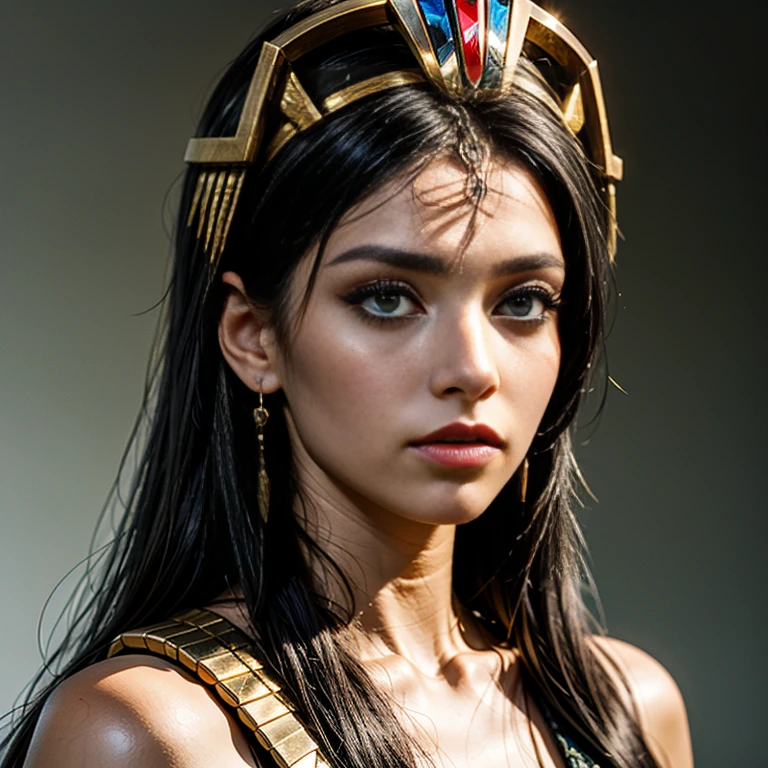 Queens of Ancient Egypt、Cleopatra、A beautiful woman、Beautifully detailed eyes、Beautifully detailed lips、Long eyelashes、Gorgeous Woman、(Half body portrait:1.4)、Elegant King's Pose、Sublime Beauty、Golden calf ornament crown、White cylindrical dress、Egyptian Hieroglyphics、Exotic background、Sunset lighting、Mysterious atmosphere、Elaborate Jewelry、(Complex eye makeup:1.5)、Gorgeous golden throne、Elaborate head dress、ancient egyptian symbols、Desert Background、(Sphinx、pyramid:137)、Dramatic Shadows、Detailed facial features、Bright colors彩、Luxurious fabrics、Historical accuracy、Clever Construction、Majestic Aura、Mysterious charm、Shining Beauty、Excellent craftsmanship、Rich texture、Decorative accessories、Exquisite environment、Royal Confidence、Theatrical presence、Captivating Gaze、Seductive attitude、Captivating Charm、Delicate hand gestures、A noble crown、Luxurious ornamentythological references、Symbolic Representations、Dignified elegance。 (highest quality、4K、High resolution、masterpiece:1.2)、Super detailed、(Real、Photorealistic、Photorealistic:1.37)、Bright colors、Professional Lighting、Sharp focus、Crisp details