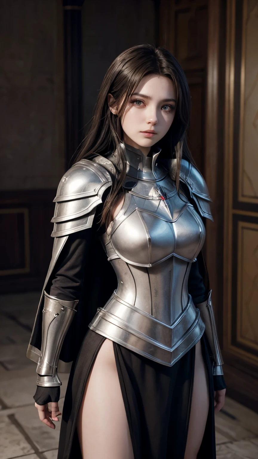A dark-haired woman in armor takes a photo in a room, Amazing character art, Girl in Templar Knight Armor, 3d rendering character art 8k, of a beautiful female knight, 2. 5D CGI Anime Fantasy Artwork, Detailed digital anime art, Beautiful Female Templar Knight, Photorealistic Anime Girl Rendering, Highly detailed art gems, Fan Art Best Art Station, Beautiful woman in a cloak、Big Shield、whole body、Long skirt、
