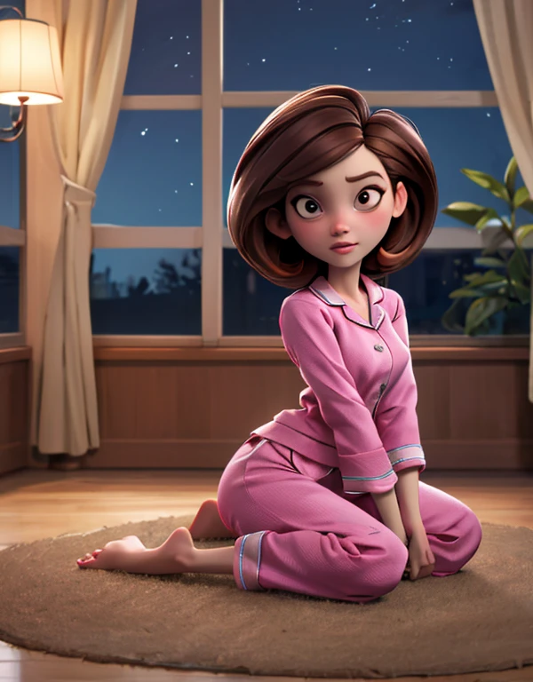 Solo, ((best quality)), ((highly detailed)), high colourful, masterpiece, (detailed eyes, deep eyes), (1woman), full body}, medium breasts, high hips, helenparr, brown hair, brown eyes, shy, grey pajamas pants, (indoors, in living room, night), sitting on sofa, sexy, nude body, nipples, 