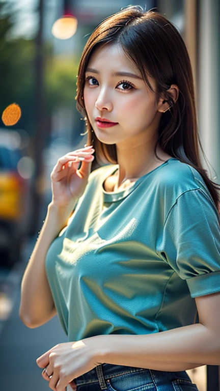 ((highest quality、masterpiece、8K、Realistic、Ultra-high resolution、Very delicate and beautiful、HDR、Cinematic Lighting))、Mid-shot、portrait、Perfect female body、Beautiful woman、Mature Woman、Contrapposto、Put your head in your hands、Gazing at the viewer、Cheerful、(Casual Fashion)