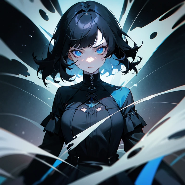 young woman with pale porcelain skin. her eyes are dark blue like outer space. she has black hair with bangs, layered and a bit wavy. she has a haircut which the back is much longer than the front. she is a bit gothic and has an angry expression. her eyes glow blue in the darkness