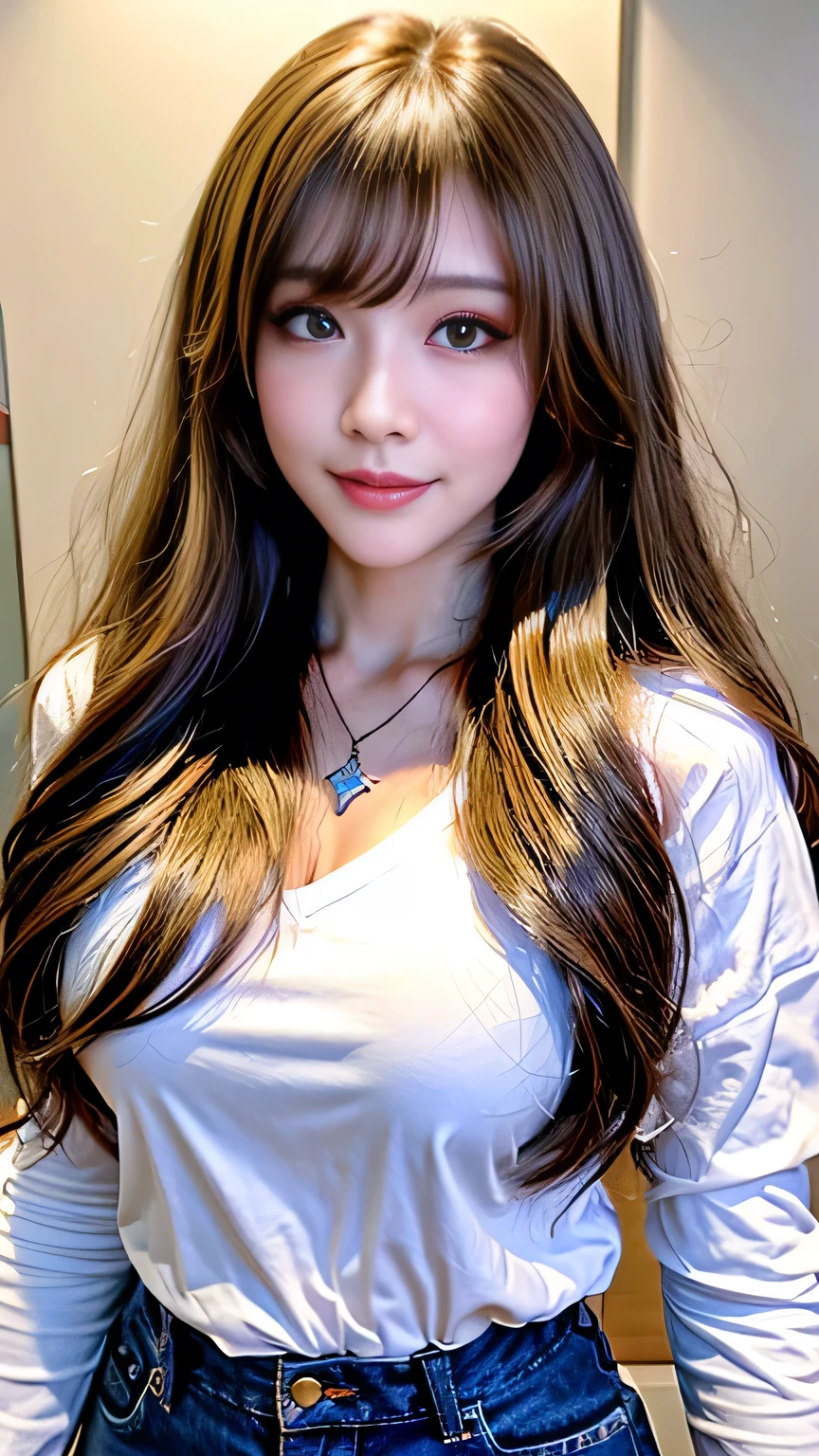 Full Body Angle、((highest quality, 8K, masterpiece: 1.3)), concentrated: 1.2, Cute girl 1,Nipples erect、 Perfect beauty: 1.4,Crisscross V-neck T-shirt, Casual summer short sleeve t-shirt: 1.2,Long sleeve、Randall Color、comics&Text Graphics、Black ruffle-trimmed drawstring zip blouse,1.1, Highly detailed face and skin textures, Fine grain, double eyelid, whitening skin, ,highest quality,Ultra-high resolution,you,1 girl,alone,_Shiny_skin,Iris,necklace,((Brown_length_Wavy_hair)),(lips)),eyelash,Front hair,deal with,compensate,Shiny,pore,skin texture,Large Breasts、smiling face、