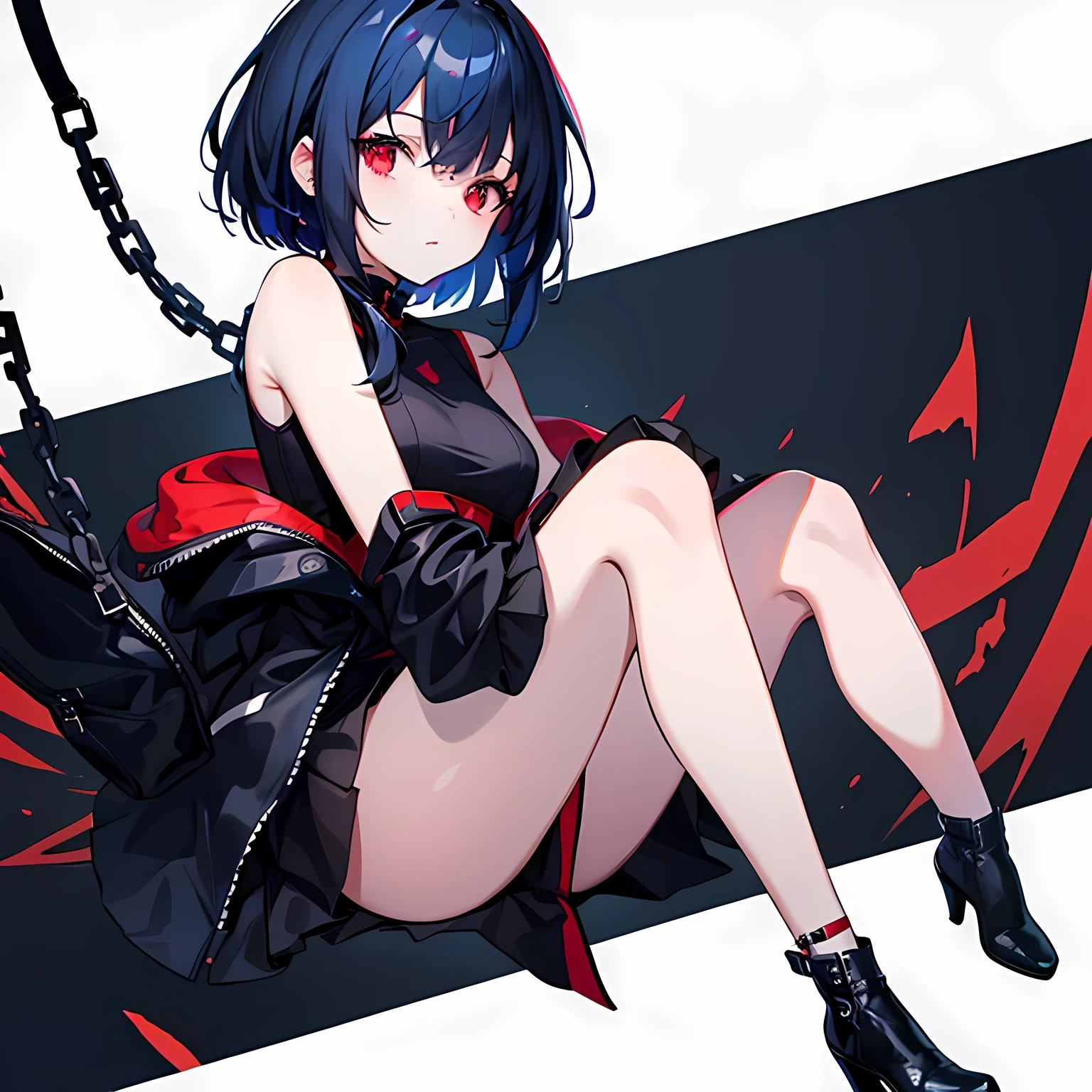 Solo girl with Dark blue hair, short, wearing a black and red mini dress, has red eyes