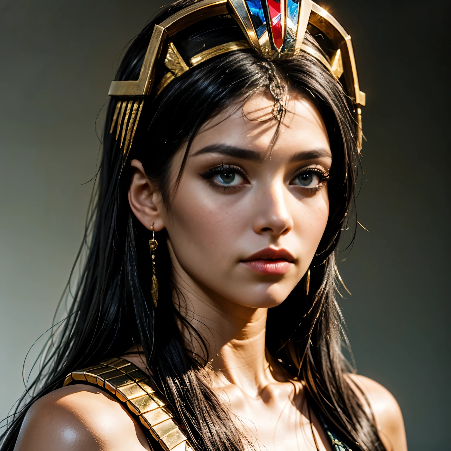 Queens of Ancient Egypt、Cleopatra、A beautiful woman、Beautifully detailed eyes、Beautifully detailed lips、Long eyelashes、Gorgeous Woman、(Half body portrait:1.4)、Elegant King&#39;s Pose、Sublime Beauty、Golden calf ornament crown、White cylindrical dress、Egyptian Hieroglyphics、Exotic background、Sunset lighting、Mysterious atmosphere、Elaborate Jewelry、(Complex eye makeup:1.5)、Gorgeous golden throne、Elaborate head dress、ancient egyptian symbols、Desert Background、(Sphinx、pyramid:137)、Dramatic Shadows、Detailed facial features、Bright colors彩、Luxurious fabrics、Historical accuracy、Clever Construction、Majestic Aura、Mysterious charm、Shining Beauty、Excellent craftsmanship、Rich texture、Decorative accessories、Exquisite environment、Royal Confidence、Theatrical presence、Captivating Gaze、Seductive attitude、Captivating Charm、Delicate hand gestures、A noble crown、Luxurious ornamentythological references、Symbolic Representations、Dignified elegance。 (highest quality、4K、High resolution、masterpiece:1.2)、Super detailed、(Real、Photorealistic、Photorealistic:1.37)、Bright colors、Professional Lighting、Sharp focus、Crisp details