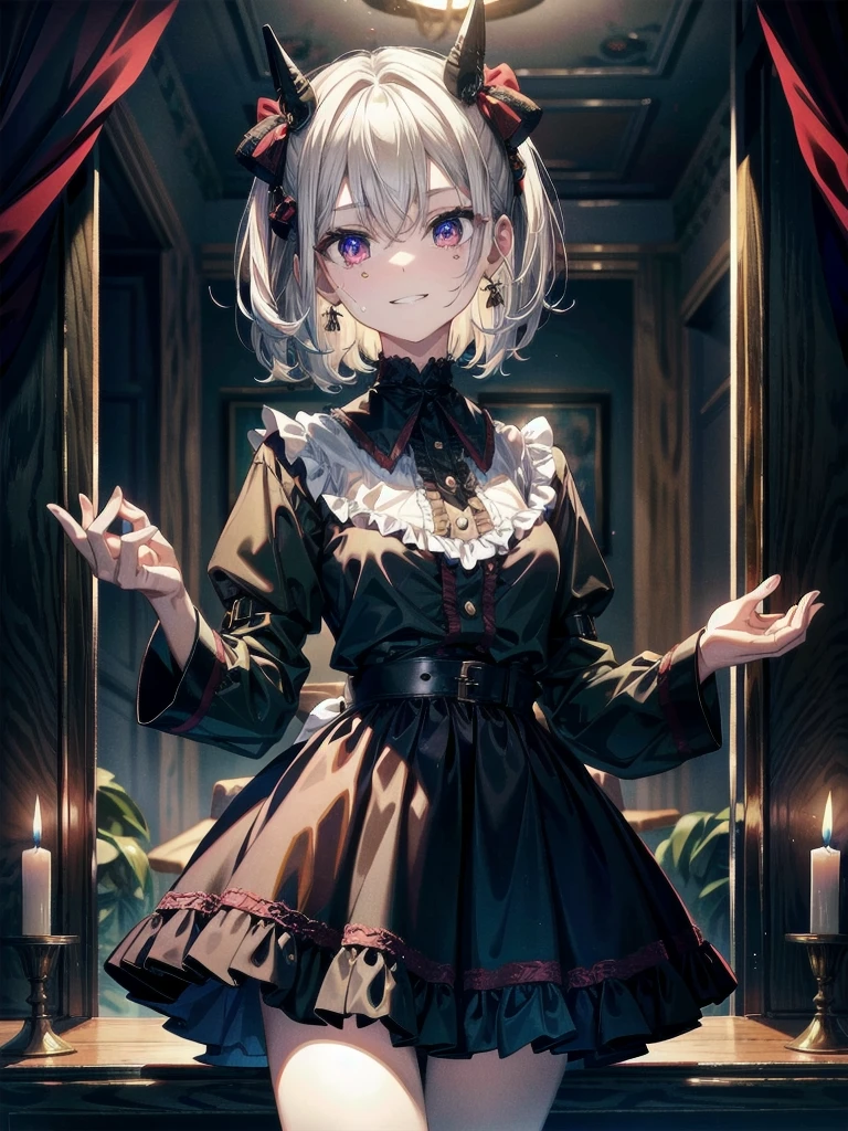 whole body, (inside basement), skirt, shirt, long sleeves, frills, evil grin, creepy, (candles), hair ornament, (dolls), tapestry, horror theme, absurdres, RAW photo, extremely delicate and beautiful, masterpiece, Best Quality, ultra high resolution, 32k, hyperrealistic, ultra-detailed, detailed description, pale skin, 20 years old, tearful mole, earring, Colossal tits, short medium hair, wavy hair,