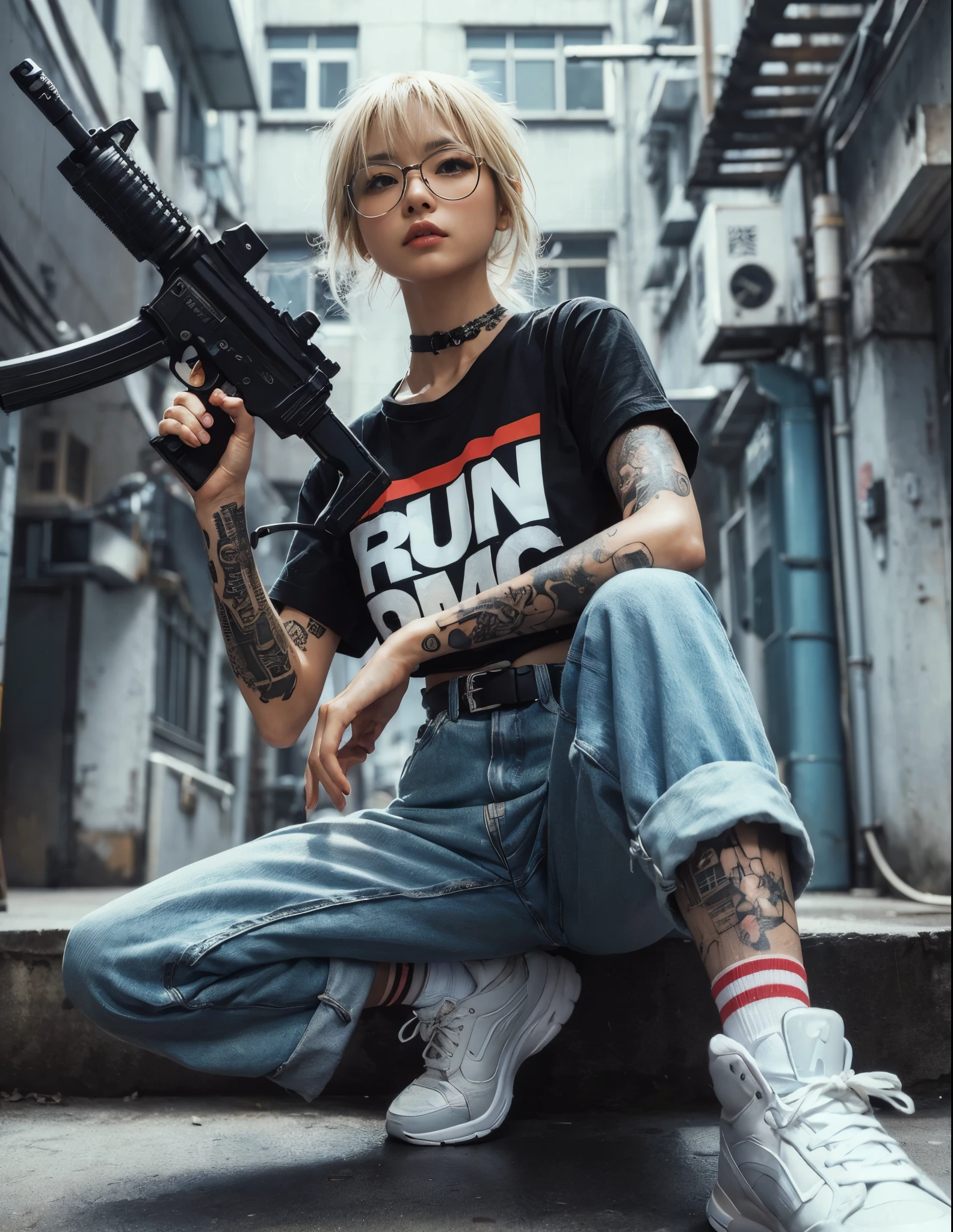 8K, realistic photo, realistic skin texture, Beautiful Japanese female vigilante living in America、A little bit into the future、2050、Blonde punkish hair、rocktshirt、MP5A has a submachine gun、A street lined with old apartments、sneakers、Dynamic pose、Tattoo、Innovative composition、、Glasses