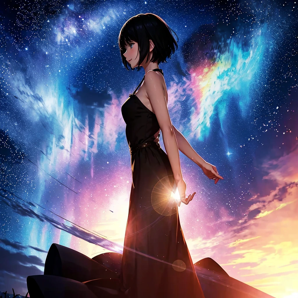 anime、beautiful girl、10 talents、Black Hair、A face that retains its youthfulness、short hair、Her hair is cut short, just short of her shoulders、Bright eyes、Sparkling eyes、A cheerful smile、Gazing into the distance、profile、dancing、Clothes:Bright dress、Clear water flows like a waterfall、sunrise、rainbow、Fantastic World