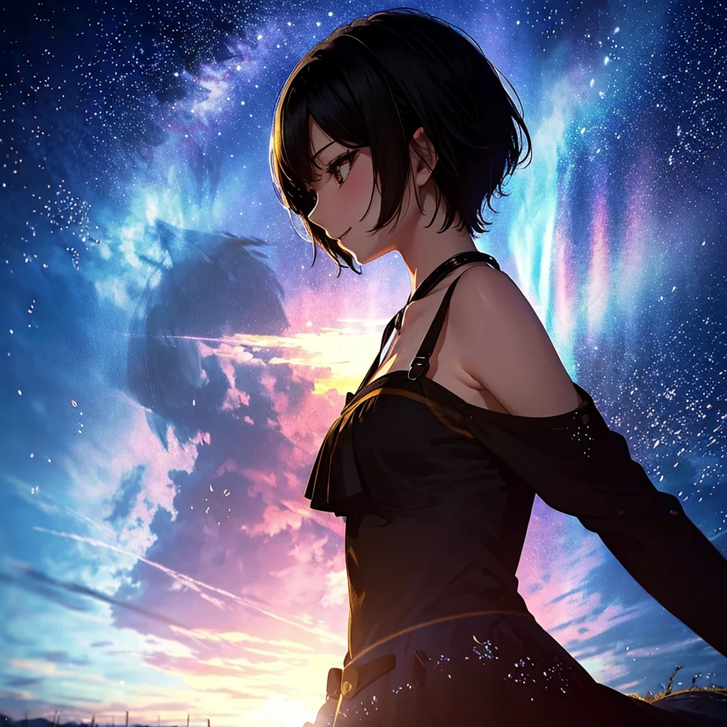 anime、beautiful girl、10 talents、Black Hair、A face that retains its youthfulness、short hair、Her hair is cut short, just short of her shoulders、Bright eyes、Sparkling eyes、A cheerful smile、Gazing into the distance、profile、dancing、Clothes：Bright dress、Clear water flows like a waterfall、sunrise、rainbow、Fantastic World