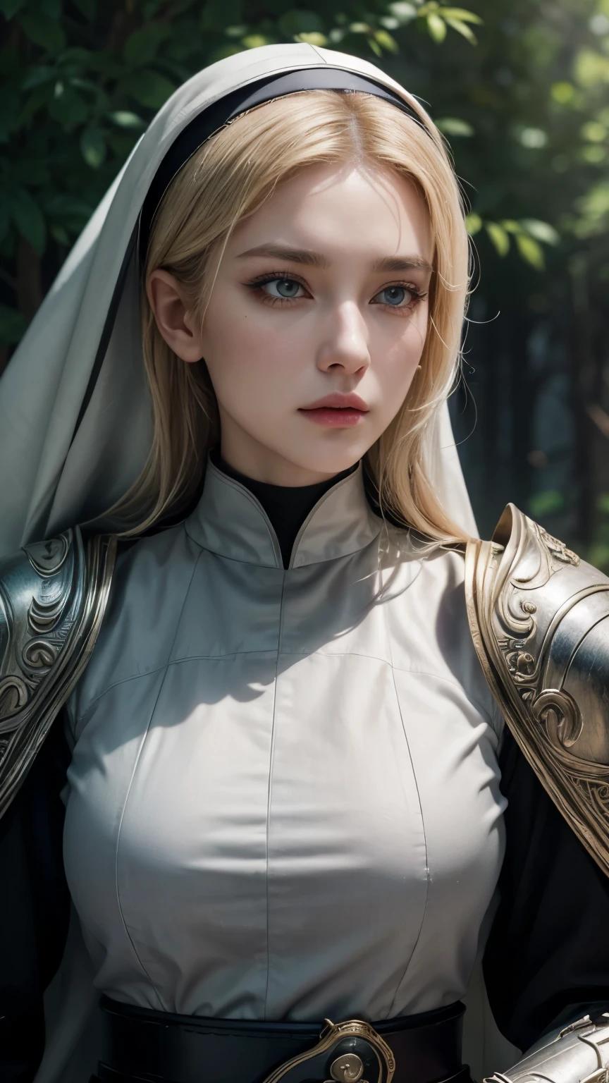 (masterpiece:1.2), (highest quality:1.2), Perfect Eyes, Perfect Face, Volumetric lighting, One girl, Mature Female Warrior Nun, Mature Woman, armor, Robe, Blonde, Shoulder rest, sword, belt, Stern expression, Fantasy, Outdoor, Detailed Background, compensate, lipstick, eye shadow, mascara, Thick eyelashes