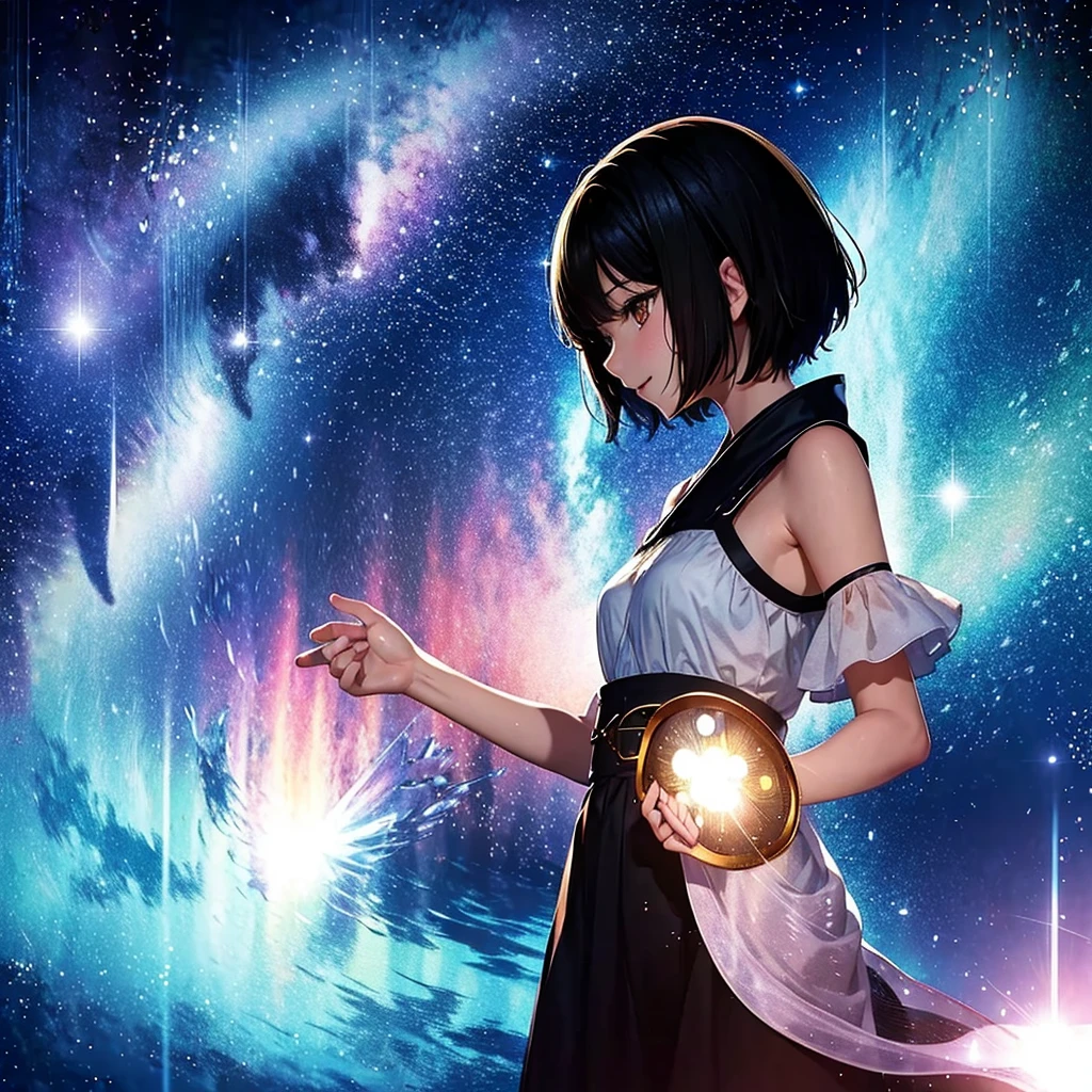 anime、beautiful girl、10 talents、Black Hair、A face that retains its youthfulness、short hair、Her hair is cut short, just short of her shoulders、Bright eyes、Sparkling eyes、A cheerful smile、Gazing into the distance、profile、dancing、Clothes:Bright dress、Clear water flows like a waterfall、Fantastic World、night、Starry Sky