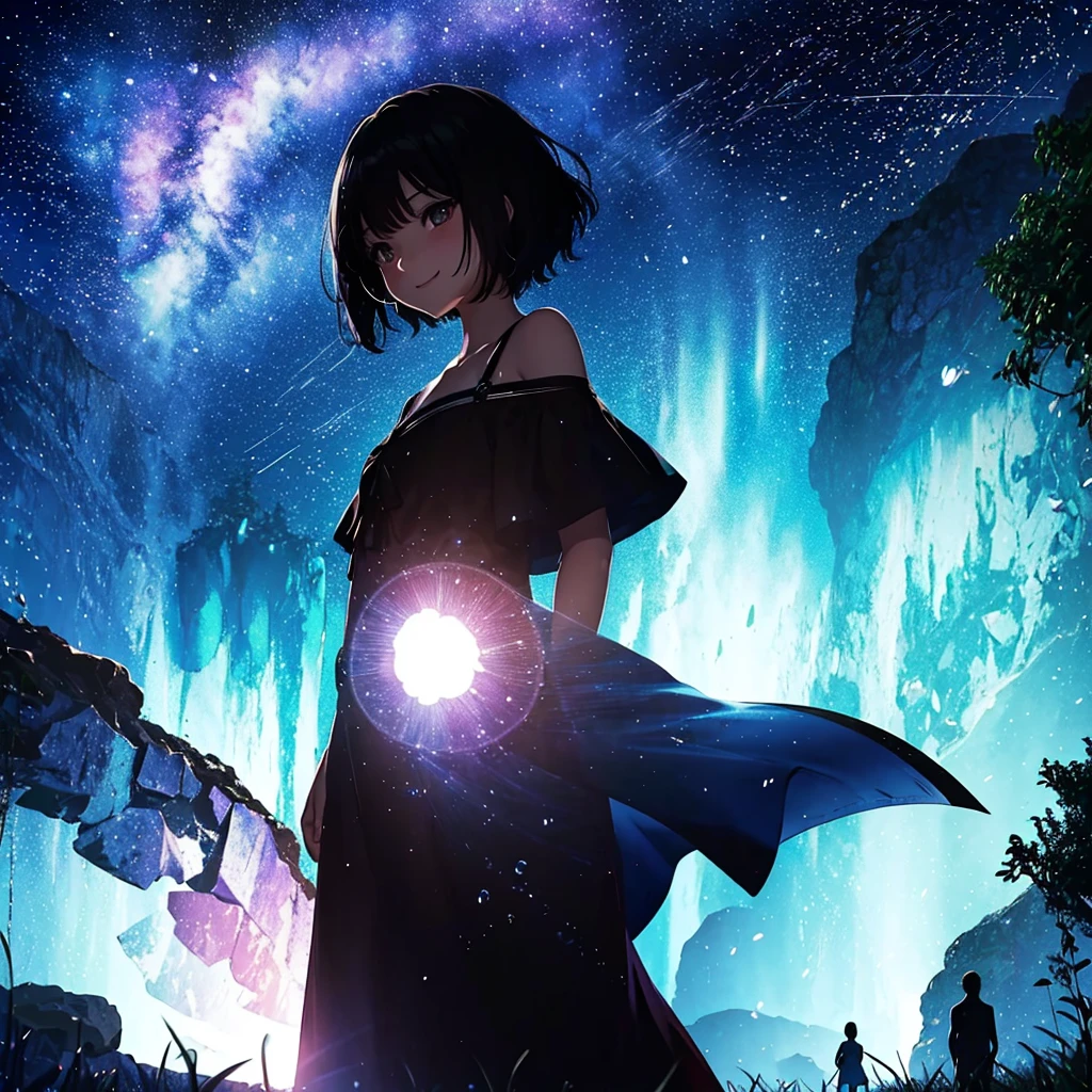 anime、beautiful girl、10 talents、Black Hair、A face that retains its youthfulness、short hair、Her hair is cut short, just short of her shoulders、Bright eyes、Sparkling eyes、A cheerful smile、Gazing into the distance、profile、dancing、Clothes:Bright dress、Clear water flows like a waterfall、Fantastic World、night、Starry Sky