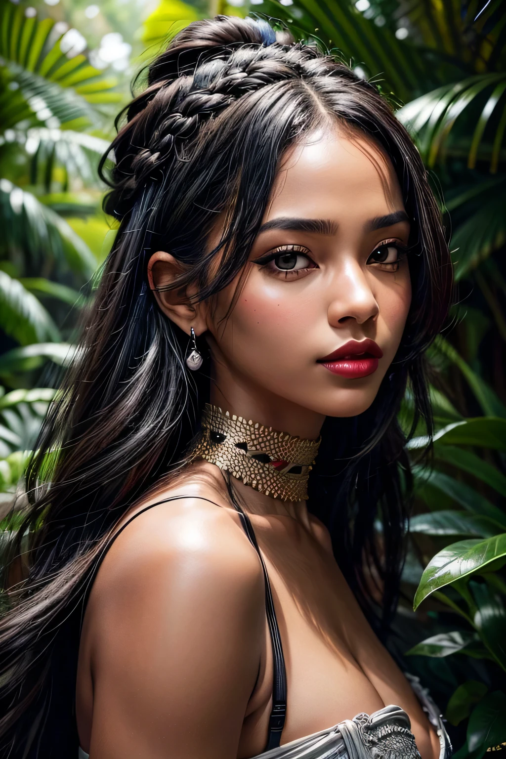 A dark-skinned black woman is the main subject of the portrait. Her hair is styled in elaborate copper braids, brilhando lindamente. Your smooth skin is perfectly highlighted, e ela tem uma verruga na bochecha que adiciona um toque de charme. She has a lust, juicy red lips that stand out. Her makeup gives her a stunning villain look, enhancing your natural beauty. She is dressed in a stylish street outfit, reflecting your unique personality. Seu corpo tem formato de ampulheta, tornando sua figura atraente e voluptuosa. The woman wears black sunglasses that add an element of mystery to her appearance. Ela tem um piercing, which adds an edgy, rebellious vibe. Adicionalmente, ela tem presas de anjo que aparecem quando ela sorri, giving it an intriguing, ethereal quality. Your silver accessories, como colares, pulseiras, and rings, complement your overall look and add a touch of glamor. The portrait takes place in a park setting. Lush vegetation creates a serene and natural setting for women. Lighting is softly diffused, highlighting your features and creating a flattering atmosphere. The color palette is rich and vibrant, com tons quentes que acentuam a pele escura e o clima geral do retrato. Este prompt garante a melhor qualidade, focusing on ultra-detailed and realistic representation. The level of detail of the artwork will be similar to that of a masterpiece, with high resolution (4K, 8k) que captura cada elemento intricado. The portrait will have a photorealistic feel, fazendo parecer que se tratava de uma fotografia que ganhou vida. Geral, This prompt aims to create a powerful and captivating portrait of a Black woman with a unique style and attractive features.