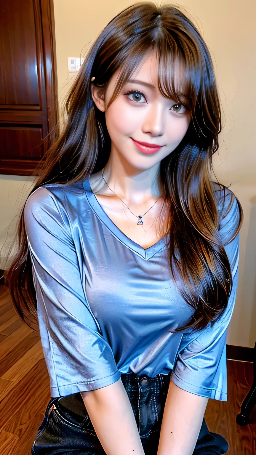 Full Body Angle、((highest quality, 8K, masterpiece: 1.3)), concentrated: 1.2, Cute girl 1,Nipples erect、 Perfect beauty: 1.4,Crisscross V-neck T-shirt, Casual summer short sleeve t-shirt: 1.2,Long sleeve、Randall Color、comics＆Text Graphics、Black ruffle-trimmed drawstring zip blouse,1.1, Highly detailed face and skin textures, Fine grain, double eyelid, whitening skin, ,highest quality,Ultra-high resolution,you,1 girl,alone,_Shiny_skin,Iris,necklace,((Brown_length_Wavy_hair)),(lips)),eyelash,Front hair,deal with,compensate,Shiny,pore,skin texture,Large Breasts、smiling face、