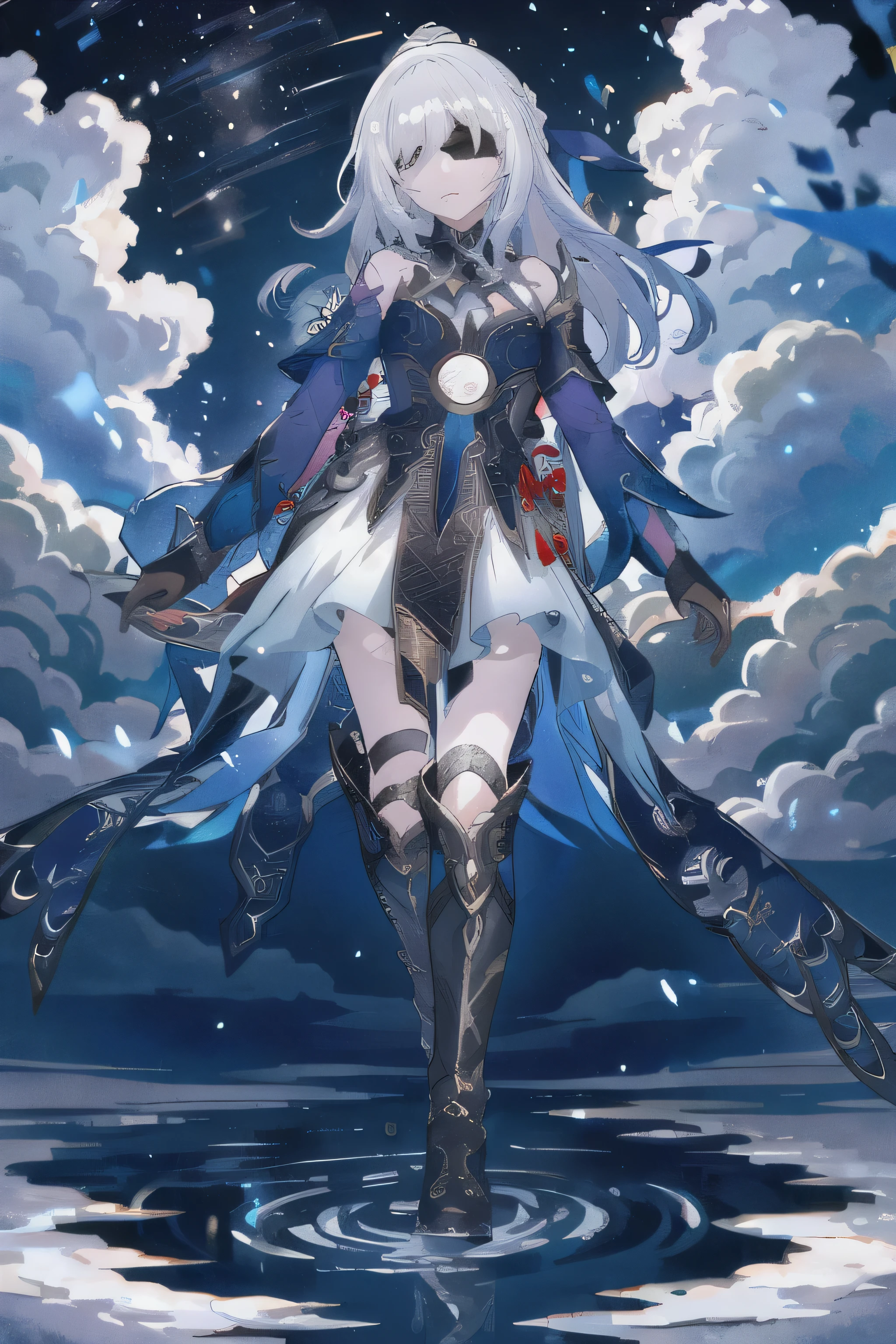 1 Girl, jingliu \(Honkai: Star Trails\), Black gloves, blue dress, Separate sleeves, Headband, White skirt, Pelvic Curtain, Halter, Knee-high boots, permanent, whole body, Looking at the audience, Expressionless, night, crystal, Flowing hair, Full Moon, cloud, Backlight, Depth of Field, Blindfold