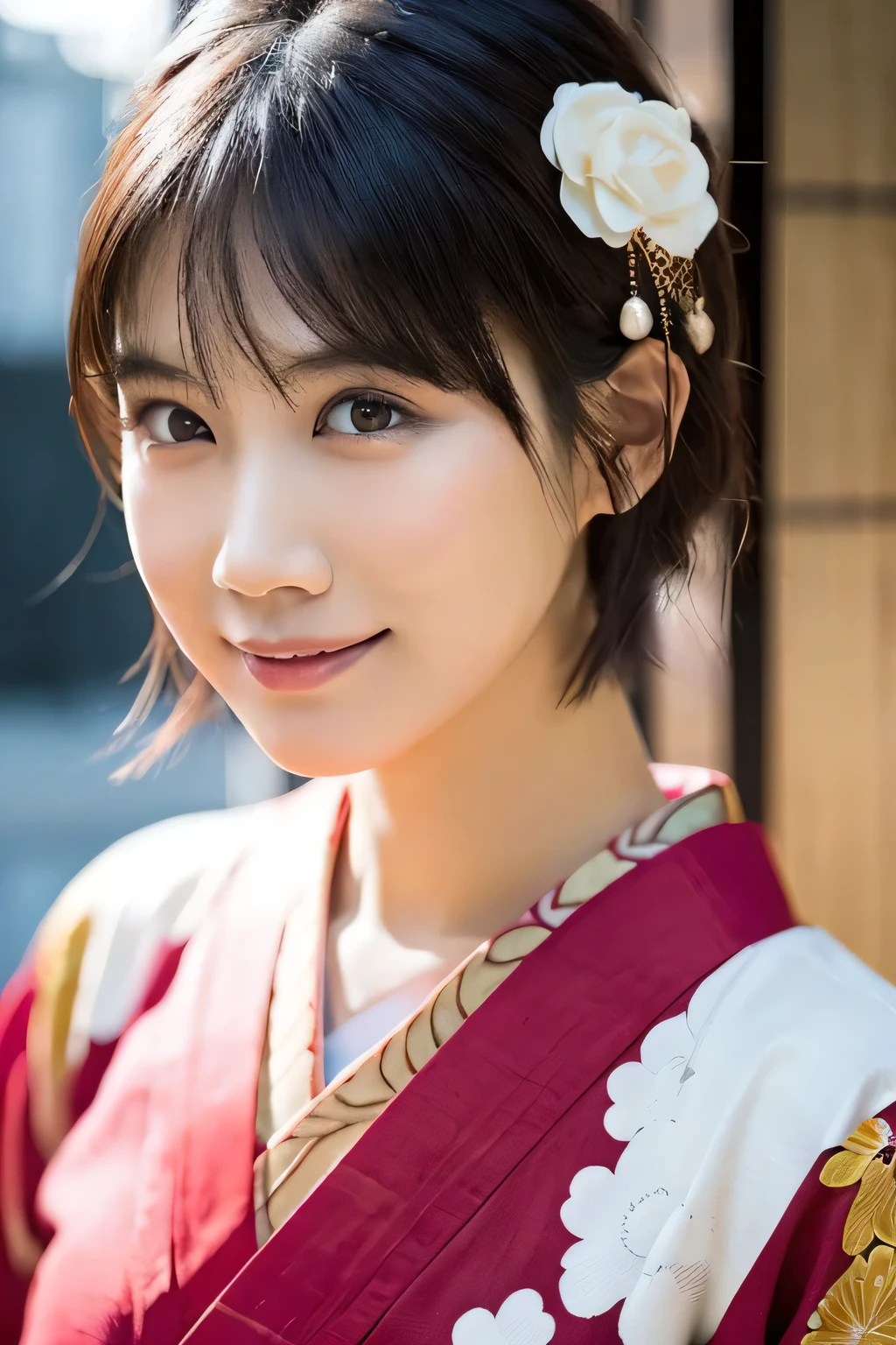 1 girl, (Wearing a red kimono:1.2), Very beautiful Japanese idol portraits,
(RAW Photos, highest quality), (Realistic, Realistic:1.4), (masterpiece),
Very delicate and beautiful, Very detailed, 2k wallpaper, wonderful, finely, Very detailed CG Unity 8K wallpaper, Very detailed, High resolution, Soft Light,
Beautiful detailed girl, Very detailed目と顔, Beautiful and sophisticated nose, Finely beautiful eyes, Cinema Lighting,
(Kyoto:1.3),
(short hair), (bangs),
Complete Anatomy, Slender body, Small breasts, smile