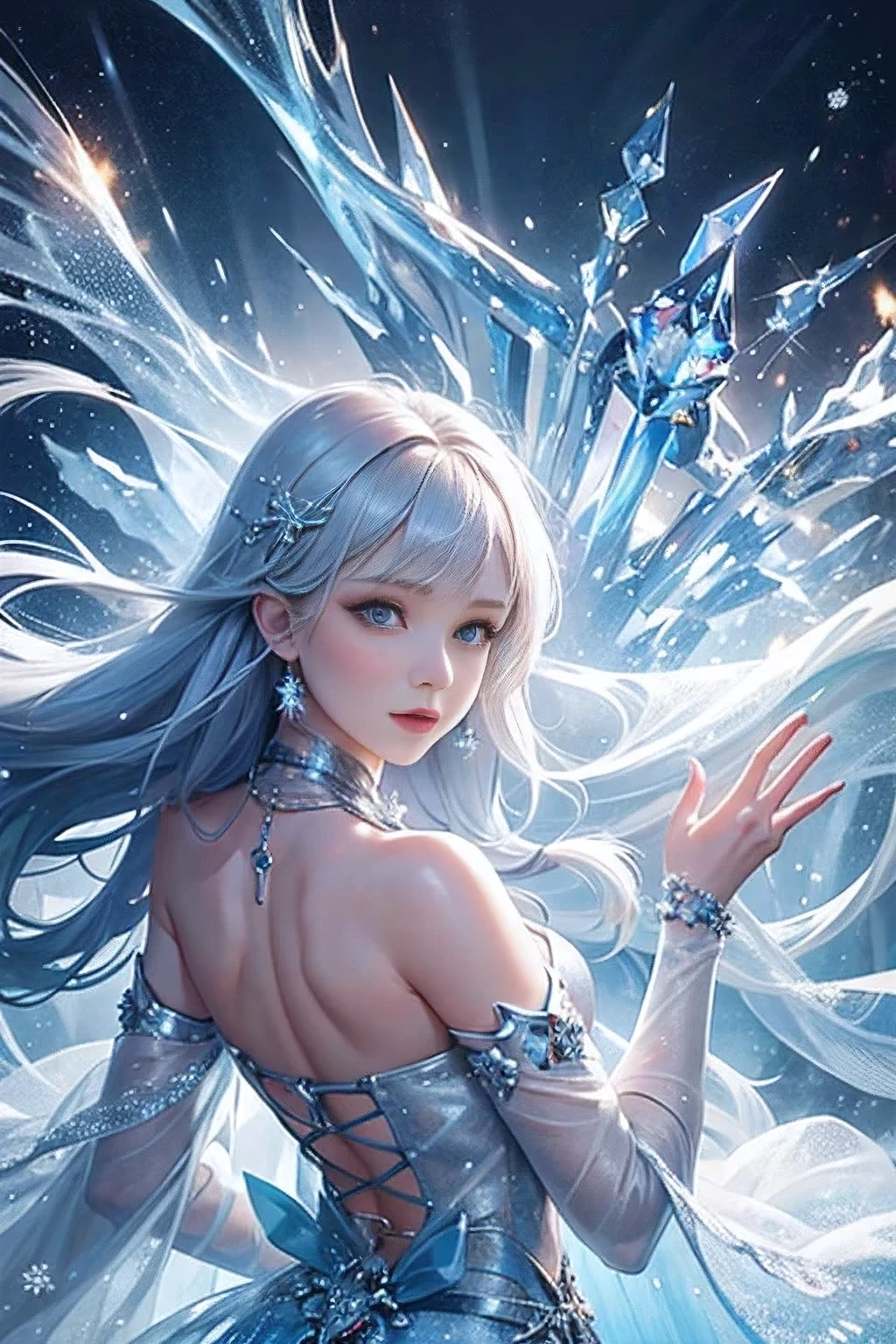 wood, Detailed mini ice spikes and crystals, Frozen waterfall as background, Light reflected on ice crystals, Flowing snowflakes.Beautiful woman、cutegirl,Realistic people
