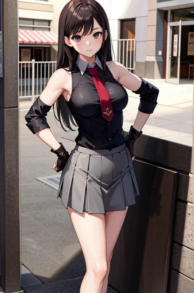 masterpiece, best quality, high resolution, extremely detailed, detailed background, cinematic lighting, 1girl, looking at viewer, original outfit, spoken heart, necktie, black gloves, breasts, skirt, shirt, sleeveless, hand on hip, leaning forward, :i, outdoors, hand on own knee,