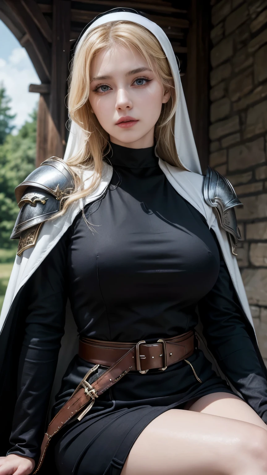 
(masterpiece:1.2), (highest quality:1.2), Perfect Eyes, Perfect Face, Volumetric lighting, One girl, Mature Female Warrior Nun, Mature Woman, armor, Robe, Blonde, Shoulder rest, sword, belt, Stern expression, Fantasy, Outdoor, Detailed Background, compensate, lipstick, eye shadow, mascara, Thick eyelashes、whole body、