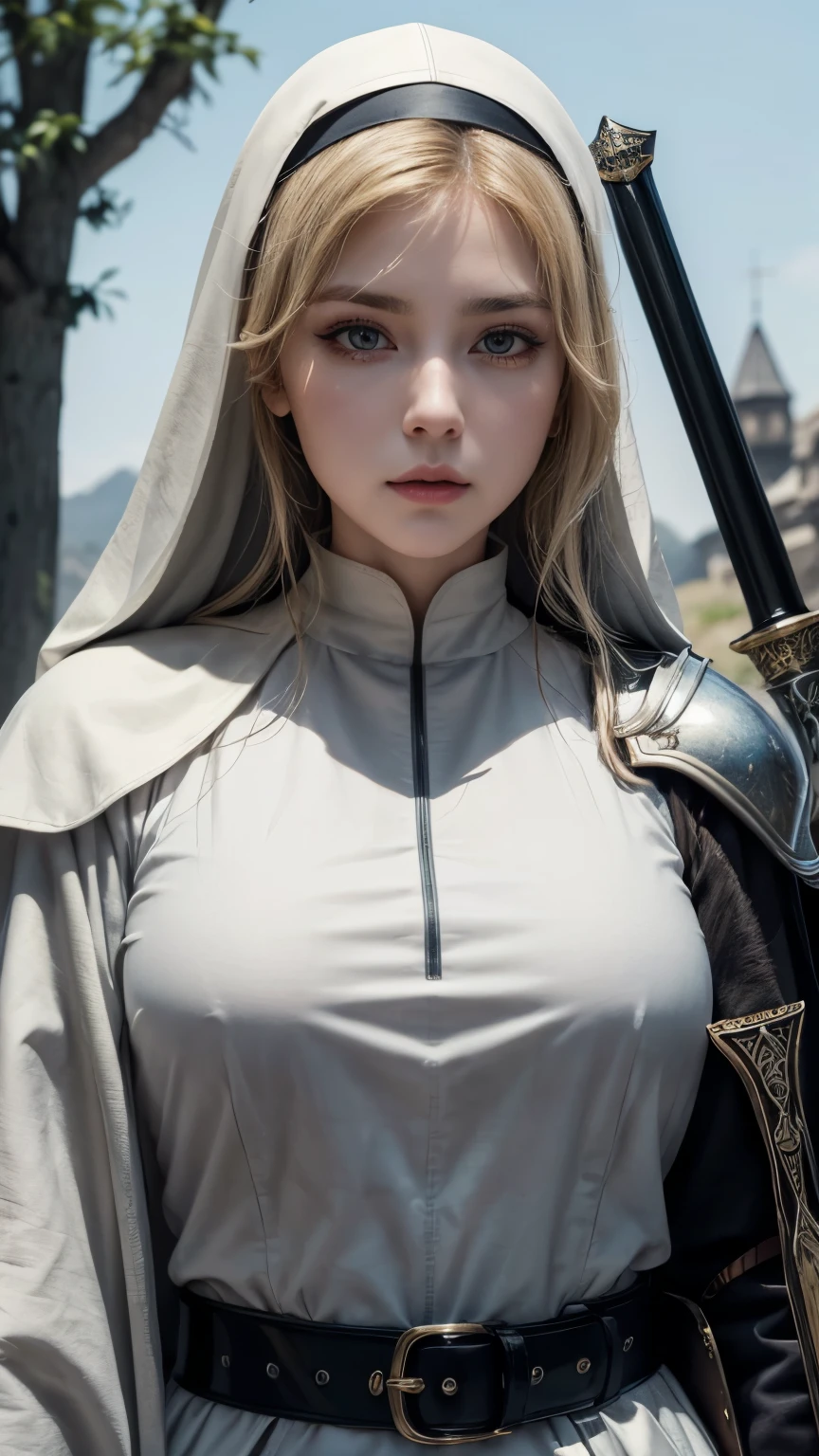 (masterpiece:1.2), (highest quality:1.2), Perfect Eyes, Perfect Face, Volumetric lighting, One girl, Mature Female Warrior Nun, Mature Woman, armor, Robe, Blonde, Shoulder rest, sword, belt, Stern expression, Fantasy, Outdoor, Detailed Background, compensate, lipstick, eye shadow, mascara, Thick eyelashes、whole body、