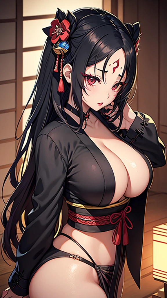 anime (mato seihei no slave), female Adult , sexy (very big tits), actress (Taikyoku), long hair extending passed her back, lipstick on her lips, black tattoo in the middle of her forehead under her hairline, in addition to jagged markings underneath her slitted eyes. She adorns Japanese attire, resembling a kimono much larger than herself, to the point that it touches the ground, with a hair ornament that ties her hair in the back, She is in a monster dungeon. 