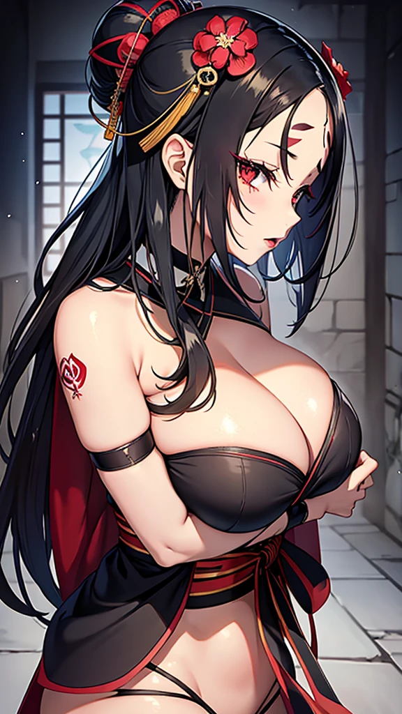 anime (mato seihei no slave), female Adult , sexy (very big tits), actress (Taikyoku), long hair extending passed her back, lipstick on her lips, black tattoo in the middle of her forehead under her hairline, in addition to jagged markings underneath her slitted eyes. She adorns Japanese attire, resembling a kimono much larger than herself, to the point that it touches the ground, with a hair ornament that ties her hair in the back, She is in a monster dungeon. 