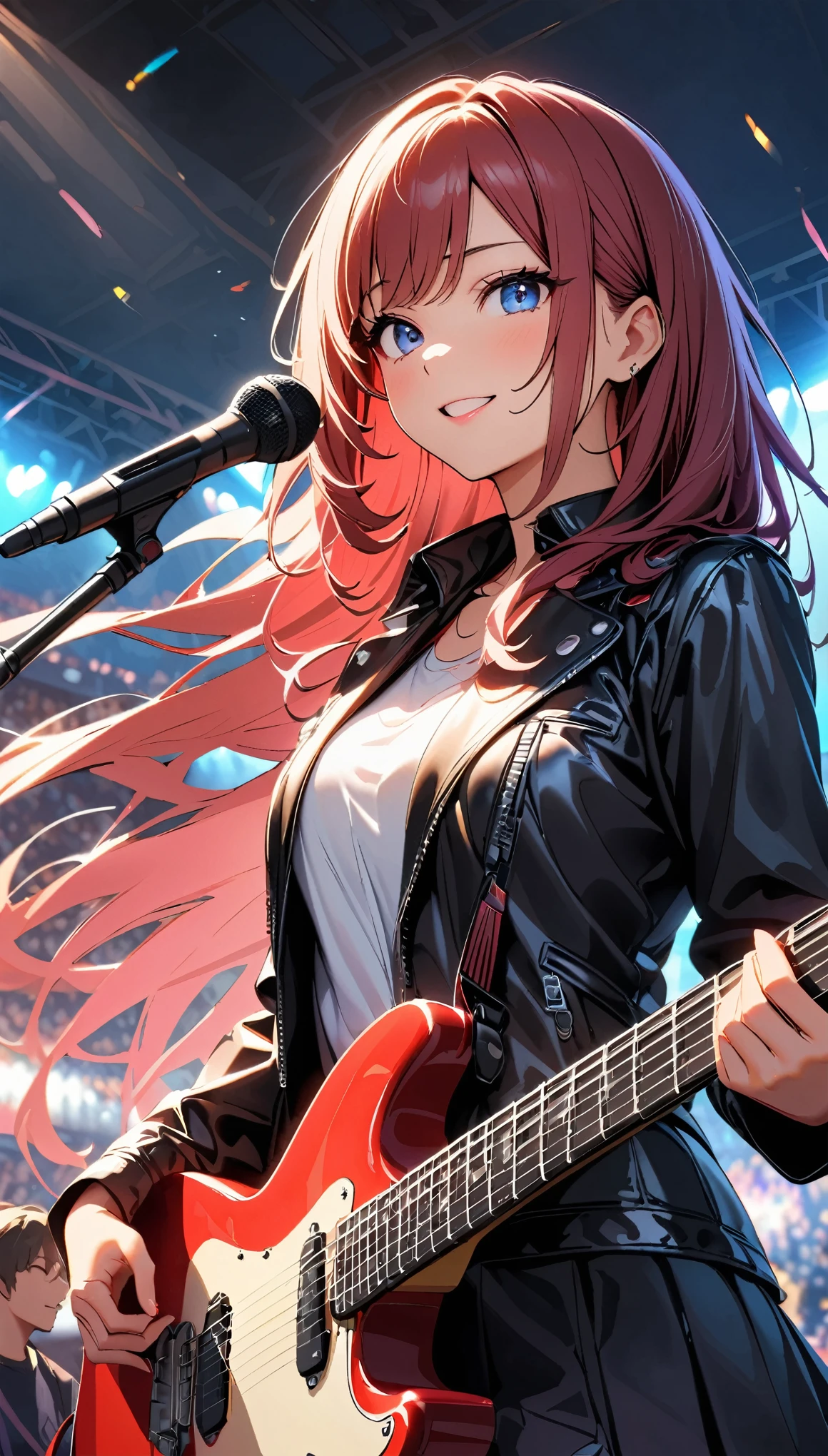 (highest quality:1.2, Very detailed, Latest, Vibrant, Ultra-high resolution, High Contrast, masterpiece:1.2, highest quality, Best aesthetics), Portrait、girl、singer、stage、performance、Rock Music、Bright colors、Beautiful detailed eyes、Beautiful detailed lips、Long Hair、Mike stand、Music band、Energetic pose、Concert Light、Smoke effect、 Edgy Style、leather jacket、Dynamic Movement、Hypnotic voice、Stadium、Amplifier、Noise々new crowd、Loud music、Electric guitar、Powerful vocals、情熱的なperformance、きらめくstage、Concert atmosphere、Music Festival、Full of emotion、Rock star attitude、Resolute expression、Ecstatic fans、魅力的なstageの存在、 Expressive gestures、Rock star aura、Electric atmosphere、Sing with heart and soul、An unforgettable show。