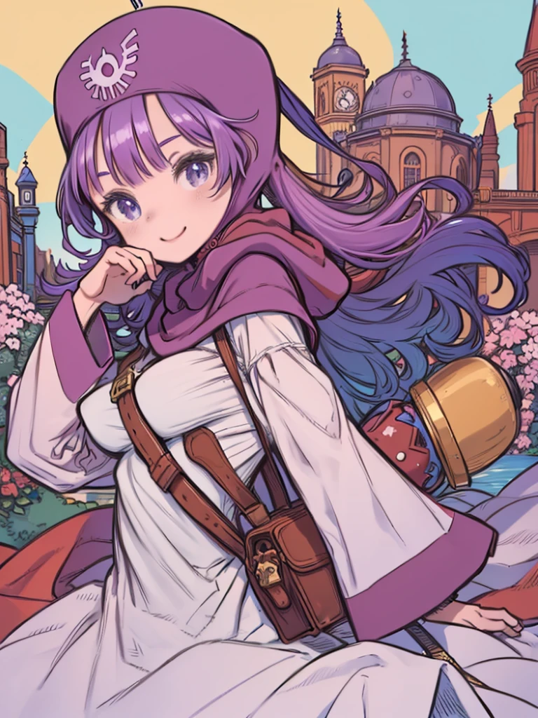 masterpiece、highest quality、High resolution、Very detailed、((Flat Color))、woman、cute、Smiling、(dqPOM、red hood, purple hair, robe、purple hood, blonde hair, robe、Big Breasts)、