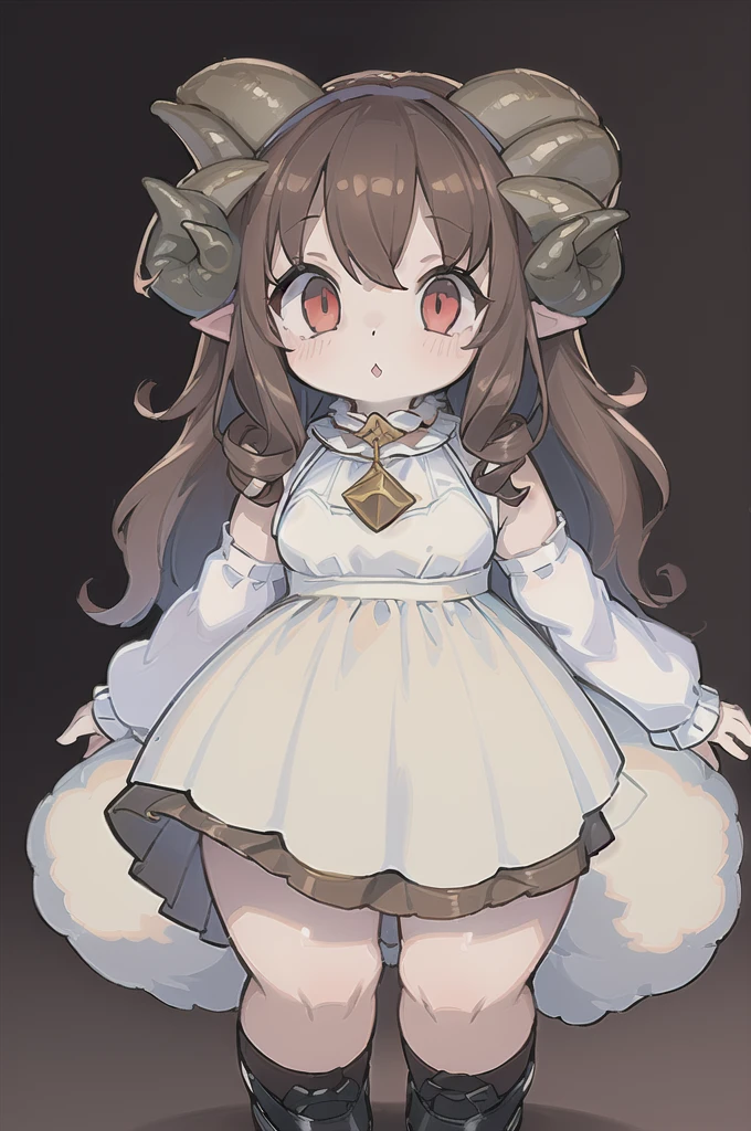 ((portrait):1.5),((9 year old girl /with sheep horns):1.5), large hips,((brown curly hair):1.2),(wearing a white dress:1.4),(black shoes:1.5) ((red eyes):1.3), looking at the viewer,((single background):1.5),4k,cute face