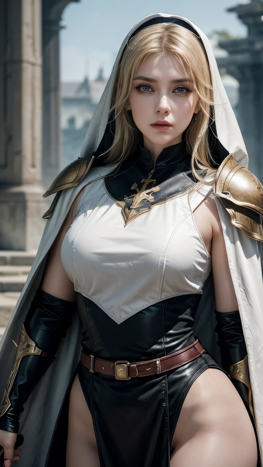 (masterpiece:1.2), (highest quality:1.2), Perfect Eyes, Perfect Face, Volumetric lighting, One girl, Mature Female Warrior Nun, Mature Woman, armor, Robe, Blonde, Shoulder rest, sword, belt, Stern expression, Fantasy, Outdoor, Detailed Background, compensate, lipstick, eye shadow, mascara, Thick eyelashes、whole body、boots、