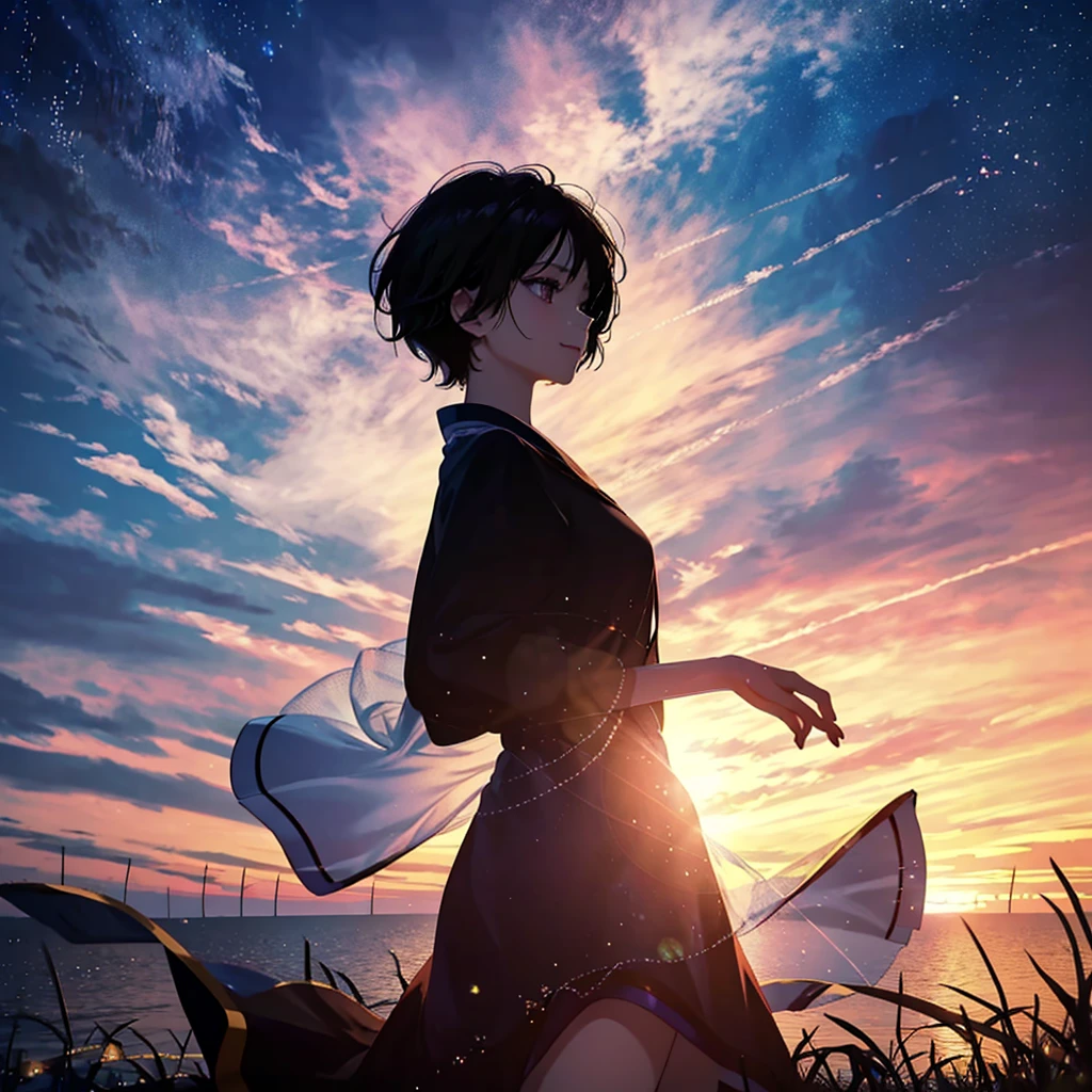 anime、beautiful girl、10 talents、Black Hair、A face that retains its youthfulness、short hair、Her hair is cut short, just short of her shoulders、Bright eyes、Sparkling eyes、A cheerful smile、Gazing into the distance、profile、dancing、Clothes:Bright dress、Clear water flows like a waterfall、sunrise、rainbow、Fantastic World