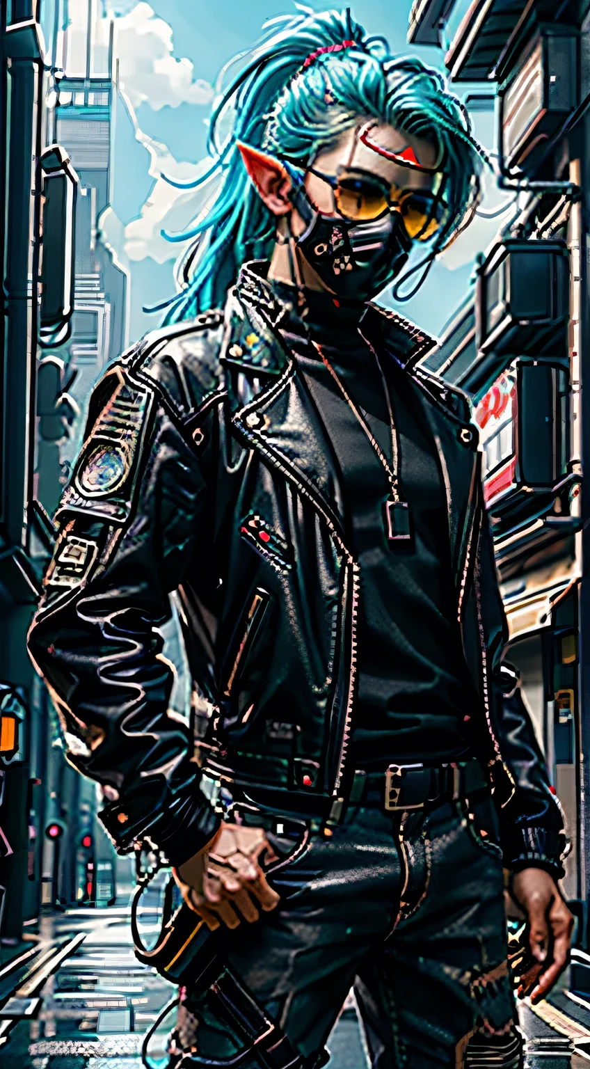 (best quality,4k,8k,highres,masterpiece:1.2),ultra-detailed,(realistic,photorealistic,photo-realistic:1.37),cyberpunk,neon,1 boy,elf,neon hair,neon eyes,ponytail,black leather jacket,sniper rifle,covered up,sneaky,mask,sunglasses