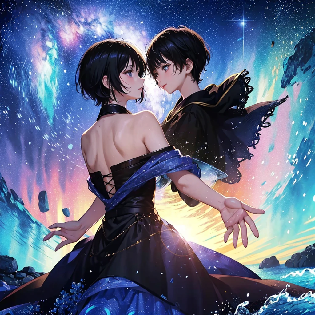anime、beautiful girl、10 talents、Black Hair、A face that retains its youthfulness、short hair、Her hair is cut short, just short of her shoulders、Bright eyes、Sparkling eyes、A cheerful smile、Gazing into the distance、profile、dancing、Clothes：Bright dress、Clear water flows like a waterfall、Fantastic World、night、Starry Sky