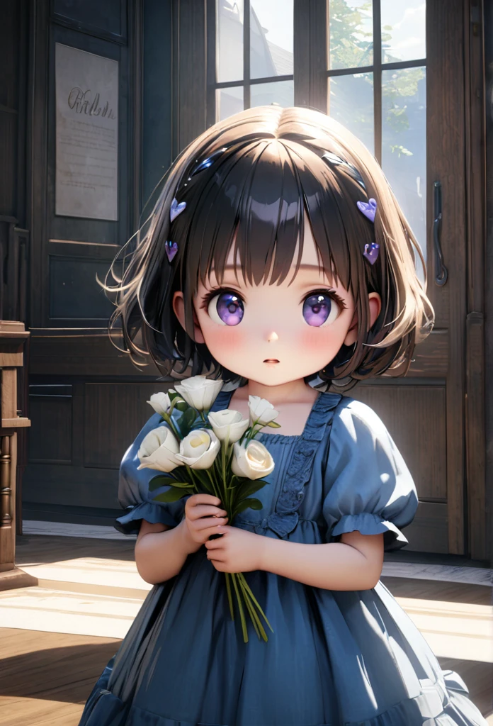 Masterpiece, Best Quality, Super Detailed, High Definition, Expensive Resolution, HDR, 4k, 8K, Unity 8k Wallpaper, Super Detailed CG, Masterpiece, Realistic, 2D, 3D, Beautiful Details, Depth, Fine Texture, Super Fine: 1.3, Fully Focused, Crispy.skin, .he, Very Cute Anime Girl About 3 , Expensive Silver Short Hair, One Girl About 3 Years OldPretty Blue Dress, Holding Flowers , looking at camera, expensive, blush, mole, parted lips, hair ornament, heart, purple eyes