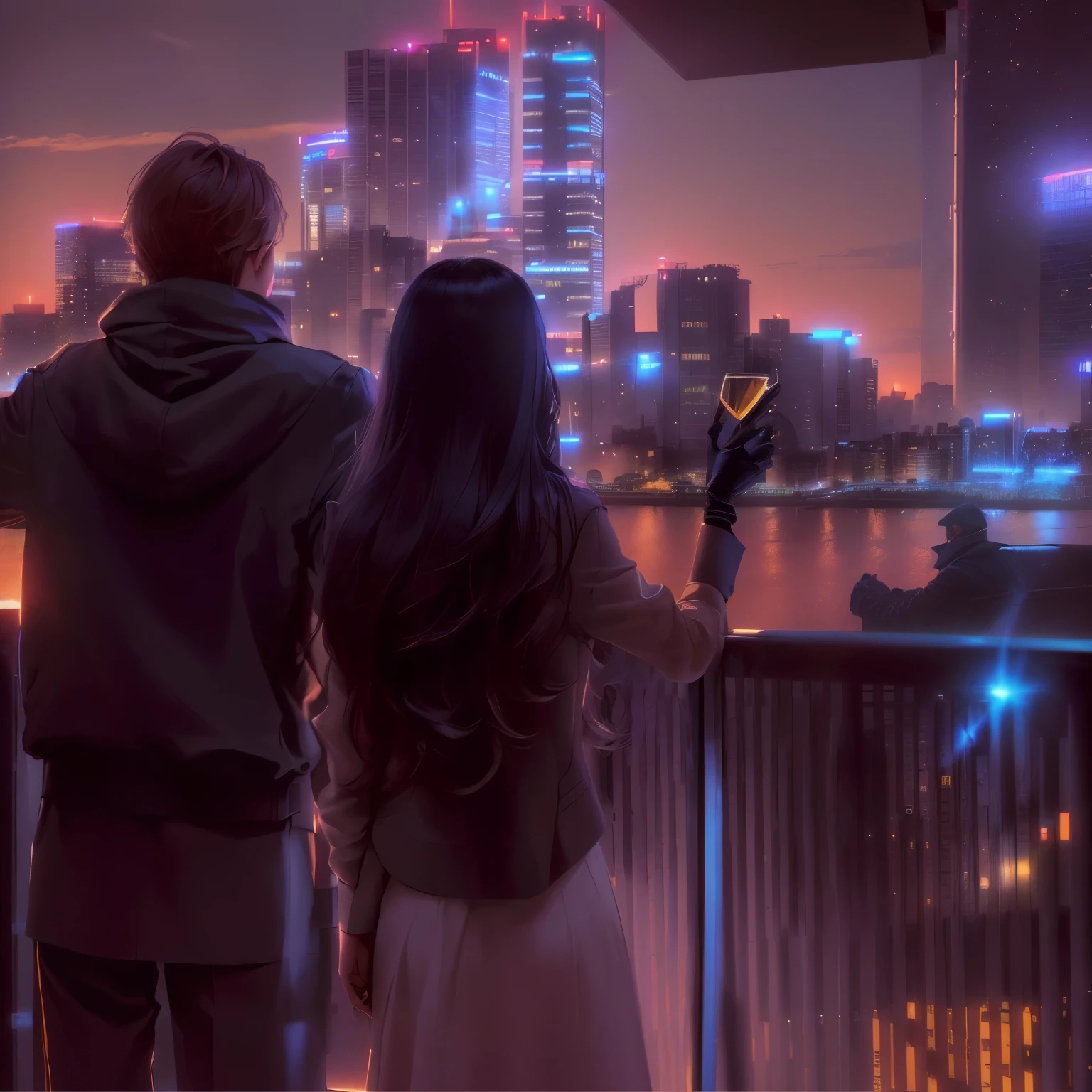there are two people standing on a bridge Looking at the city, Looking at the city, Overlooking the modern city, with a City background, City background, City background, City background, In front of sci-fi cityscape, Movie promotional images, Overlooking the city, The roof of Tokyo, City background, Tokyo night rooftop, Movie Stills,Champagne glass in girl's hand