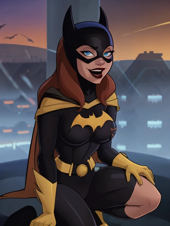 score_9, score_8_up, score_7_up, score_6_up, 1girl, solo, batgirl is sittingon her knees,hot fat thighs , mask, black lips, red hair, belt, (torn bodysuit), black bodysuit, sideboob, pointy breasts, cape, yellow gloves,in windowviewof gotham city, red sky, dirigible, (icy blue eyes) thin beautiful nose, open mouth,exhausted joyfull smile ,( on her knees) ripped suits