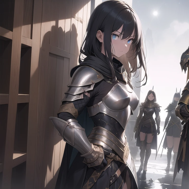 (highres), dark and mysterious, armor, shining metallic plates, powerful and confident stance, moonlit battlefield, intensity, dramatic lighting, epic battle, flowing cape, golden accents, moonlight reflection, dangerous aura, determination, glowing eyes, war-torn surroundings, intricate engravings on the armor, skilled warrior, medieval setting, shadows, intense expression, warrior princess, fearsome reputation, iconic silhouette, evokes awe and respect.full body,hold a sword with both hands