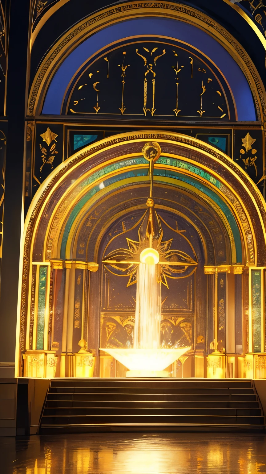 best quality, super fine, 16k, incredibly absurdres, extremely detailed, delicate and dynamic, translucent magic circle, shower of fountains lit up in rainbow  colors, background northern renaissance style building that shines in gold