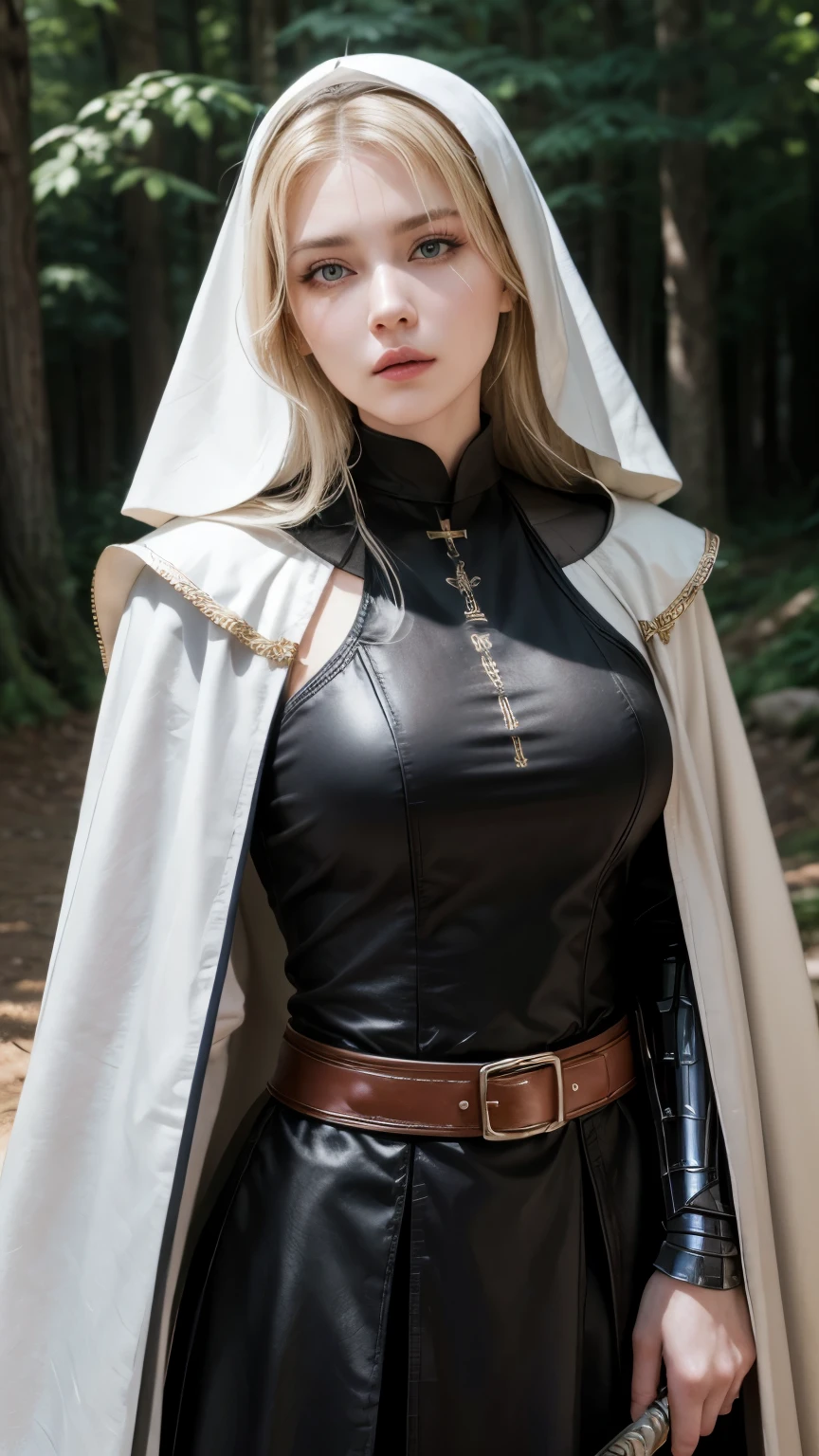 (masterpiece:1.2), (highest quality:1.2), Perfect Eyes, Perfect Face, Volumetric lighting, One girl, Mature Female Warrior Nun, Mature Woman, armor, Robe, Blonde, Shoulder rest, sword, belt, Stern expression, Fantasy, Outdoor, Detailed Background, compensate, lipstick, eye shadow, mascara, Thick eyelashes、whole body、boots、Long skirt、Are standing