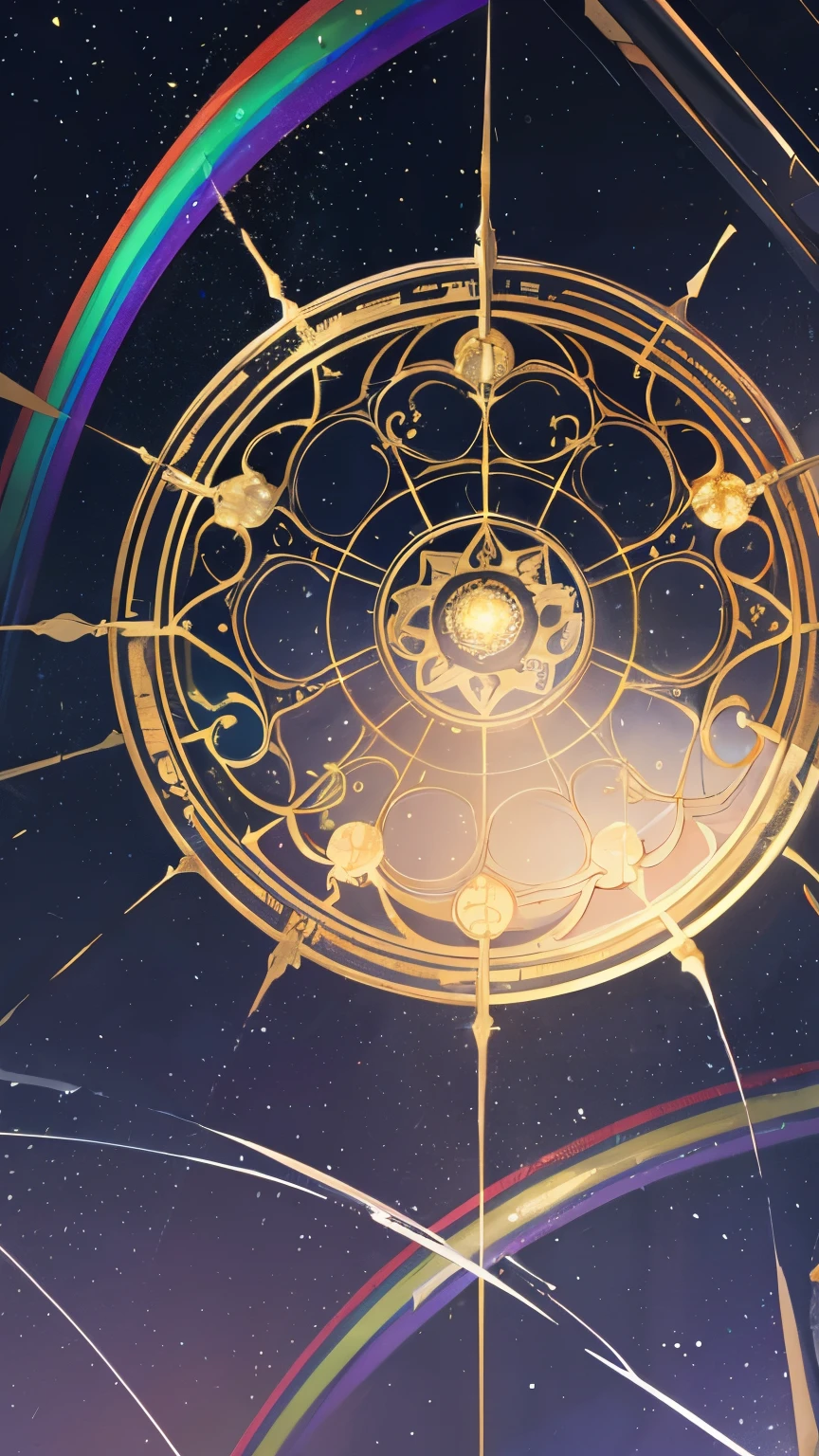 best quality, super fine, 16k, incredibly absurdres, extremely detailed, delicate and dynamic, translucent magic circle, shower of fountains lit up in rainbow  colors, background northern renaissance style building that shines in gold