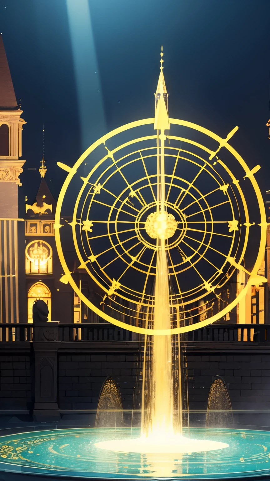 best quality, super fine, 16k, incredibly absurdres, extremely detailed, delicate and dynamic, translucent magic circle, shower of fountains lit up in rainbow colors, background northern renaissance style building that shines in gold