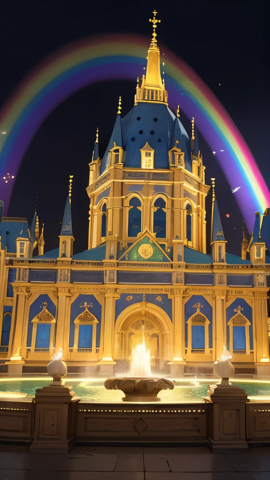 best quality, super fine, 16k, incredibly absurdres, extremely detailed, delicate and dynamic, translucent magic circle, shower of fountains lit up in rainbow  colors, background northern renaissance style building that shines in gold