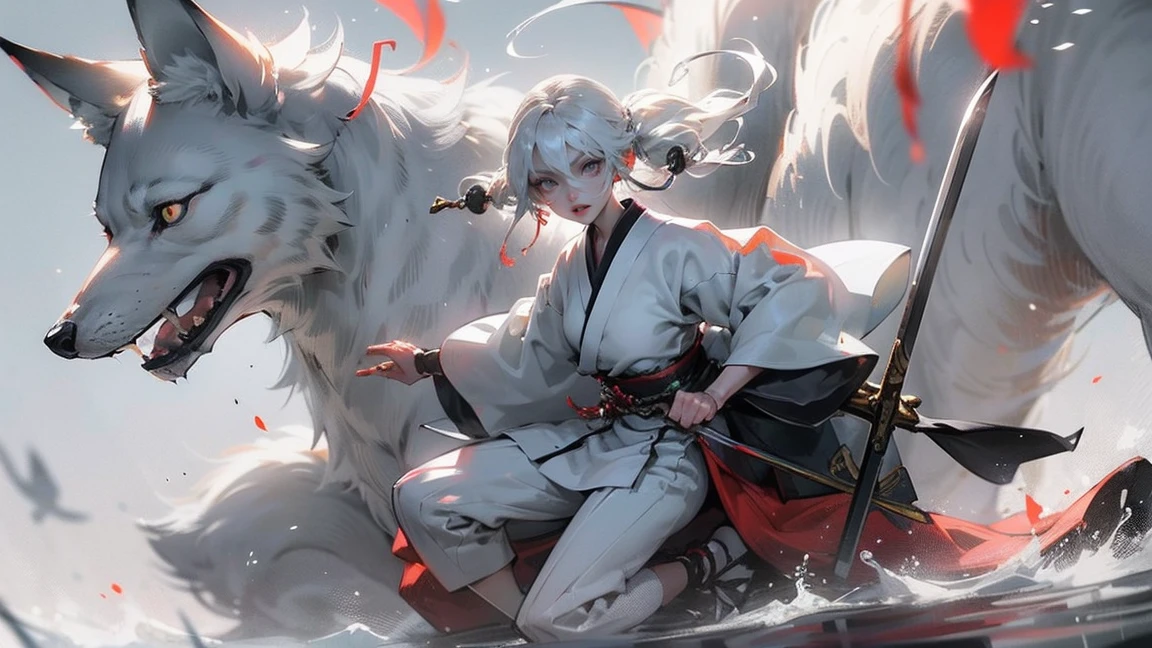White wolf with sword and white haired woman, Detailed Art, 美しいFoxの女性, onmyoji, Japanese art style, Foxとブッシュ, kitsune, 美しいFoxの女性, Amaterasu Oomikami, by ヤン・J, Gweitz, Fox
