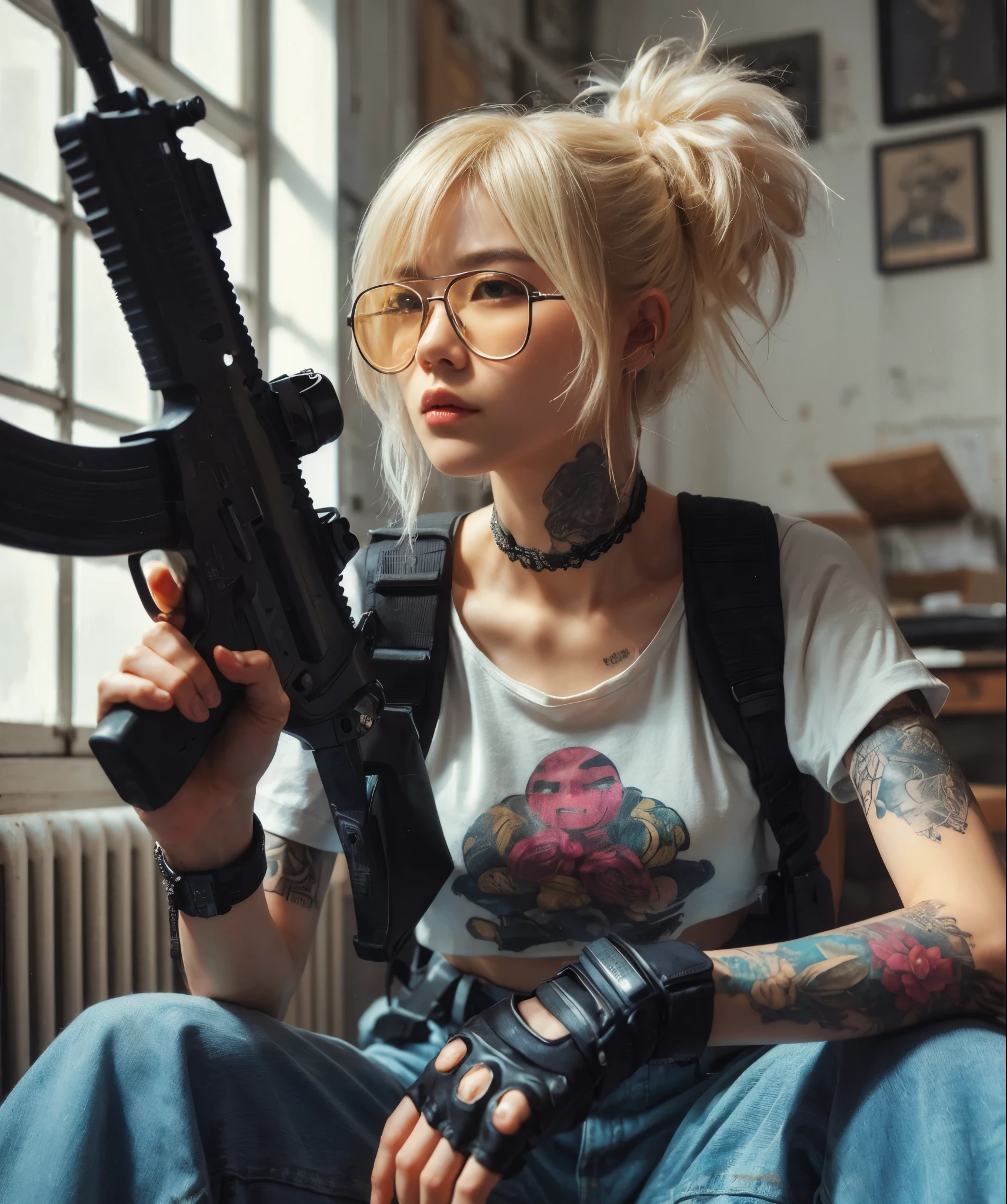 8K, realistic photo, realistic skin texture, Beautiful Japanese female vigilante living in America、A little bit into the future、2050、Blonde punkish hair、rocktshirt、MP5A has a submachine gun、A street lined with old apartments、sneakers、Dynamic pose、Tattoo、Innovative composition、、Glasses